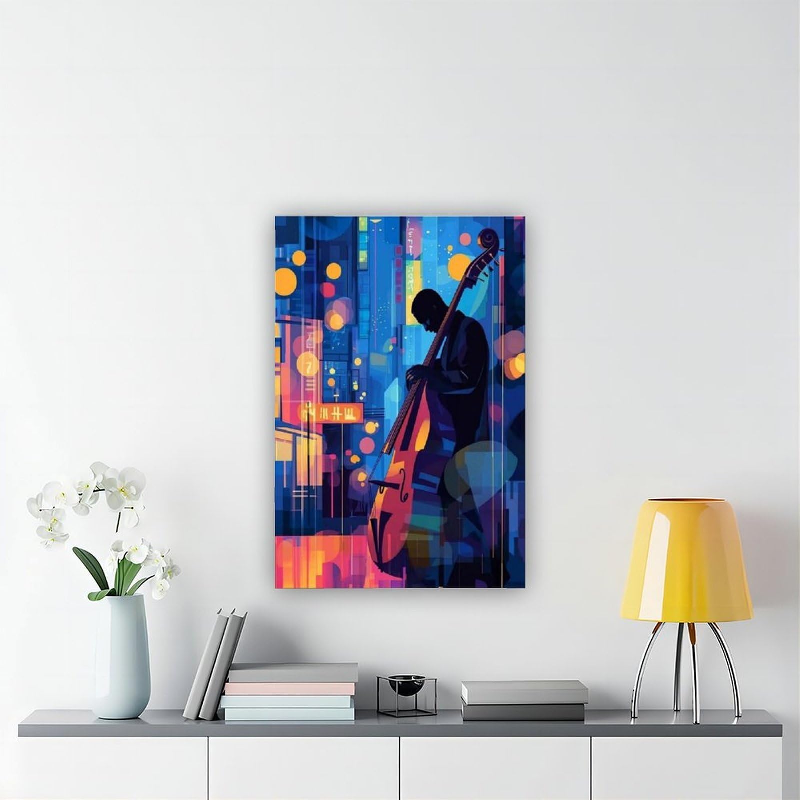 Illustrazione del bassista jazz, poster su tela con musica al neon, decorazione per camera da letto, ufficio, stanza, regalo, 61 cm L x 91,4 cm W