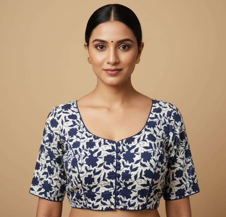 Printed Blouse, Navy Blue and White Floral Pattern, V-Neck, Short Sleeves-picture-27