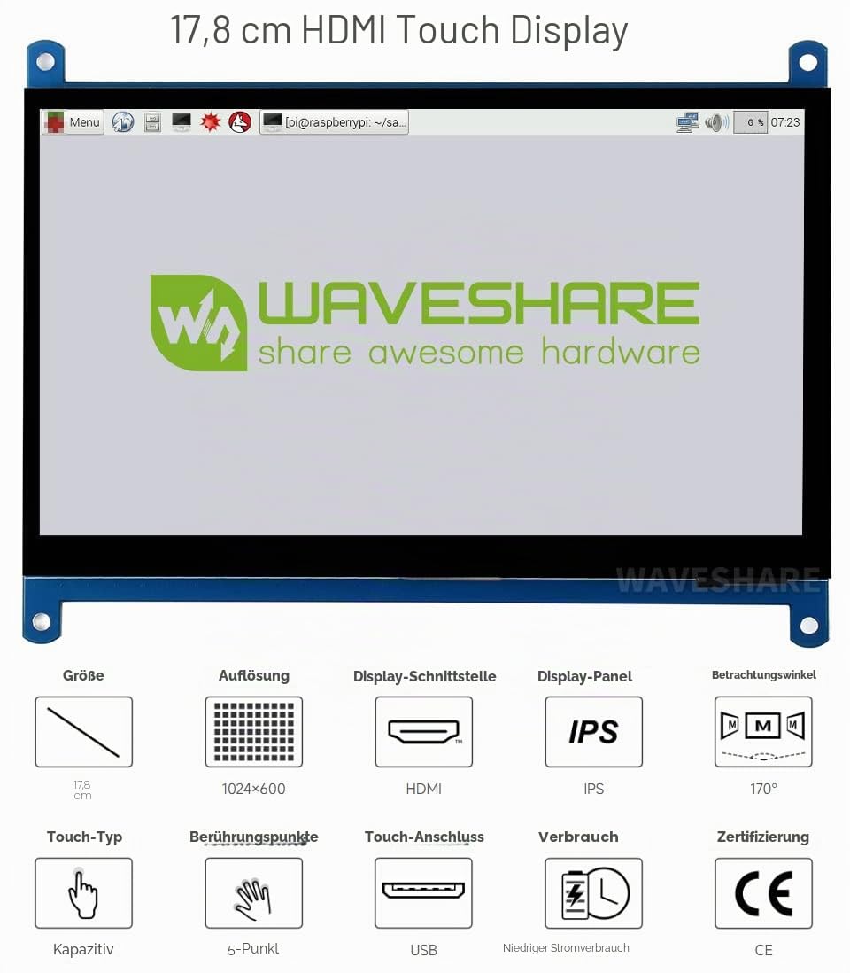 Waveshare 7inch HDMI Control Panel Display Capacitive Touch LCD 1024×600 Resolution IPS Screen Latest Version Compatible with Raspberry Pi 5/Pi 4/3B+/Zero W/Mini PC, Monitor 7 Zoll Mini Bildschirm