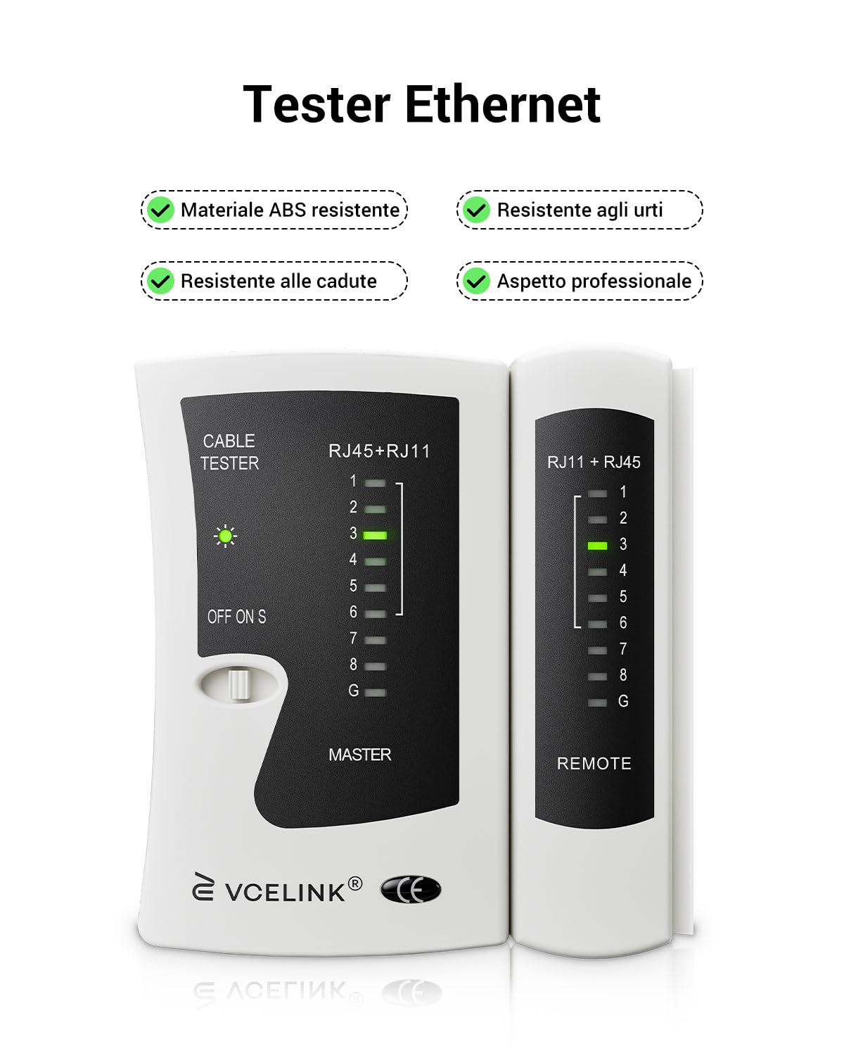 VCELINK Tester Cavi di Rete, Tester RJ45 Professionale POE, Test Ethernet per RJ45/RJ11/RJ12, Grigio