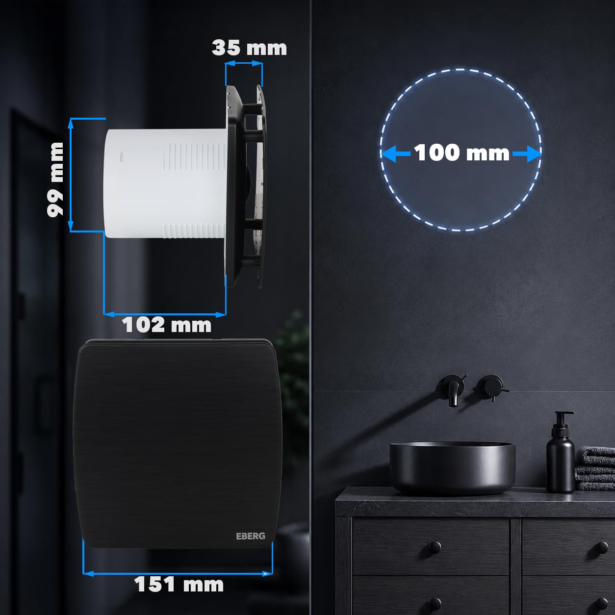 EBERG AXI 100 BHT Badventilator 100 mm schwarz mit Hygrostat, Timer und Rückschlagklappe, leiser Abluftventilator mit Kugellager für Bad und WC, Wand- und Deckenmontage