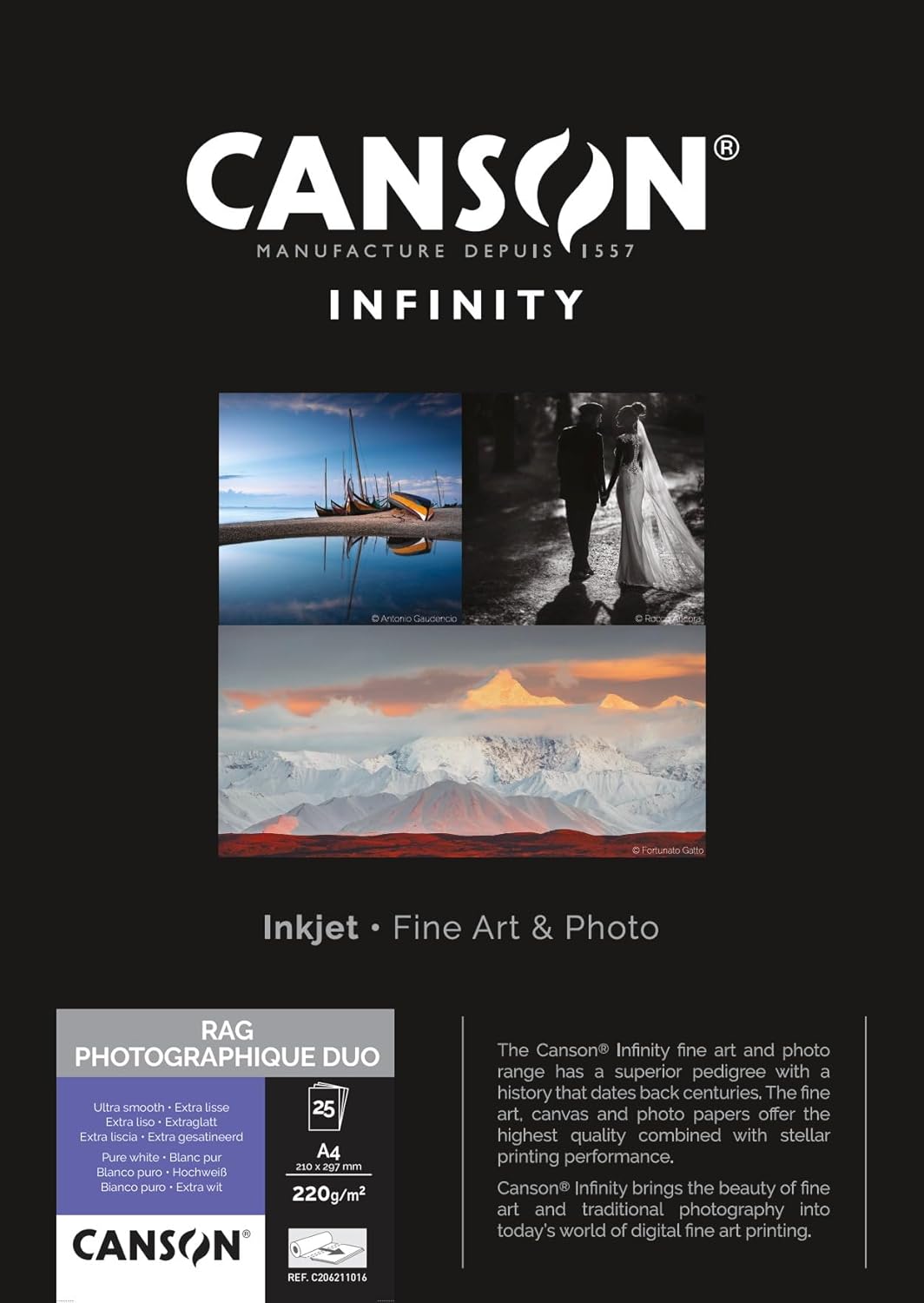 CANSON Infinity Rag Photographique Duo Ultra Smooth 220gsm A4 Paper, Digital Fine Art Reproduction, 25 Pure White Sheets, Ideal for Professional Photographers