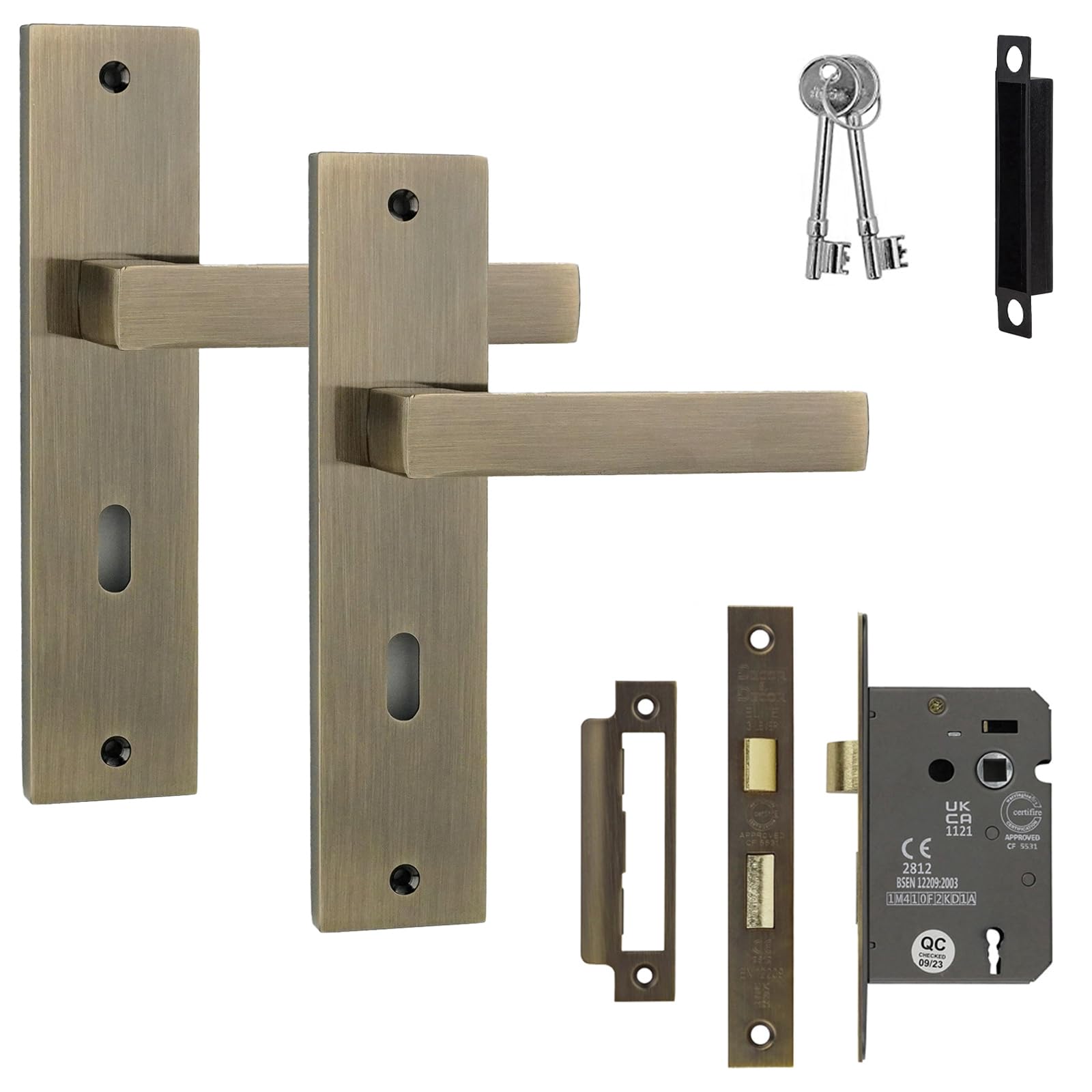 Decoranddecor Lumina Antique Brass Lever Handles with Keyhole Backplate and 2.5in Sash Lock – Aluminium Internal Door Set Featuring Art Deco Inspired Design for Contemporary Residential Interiors — image 1