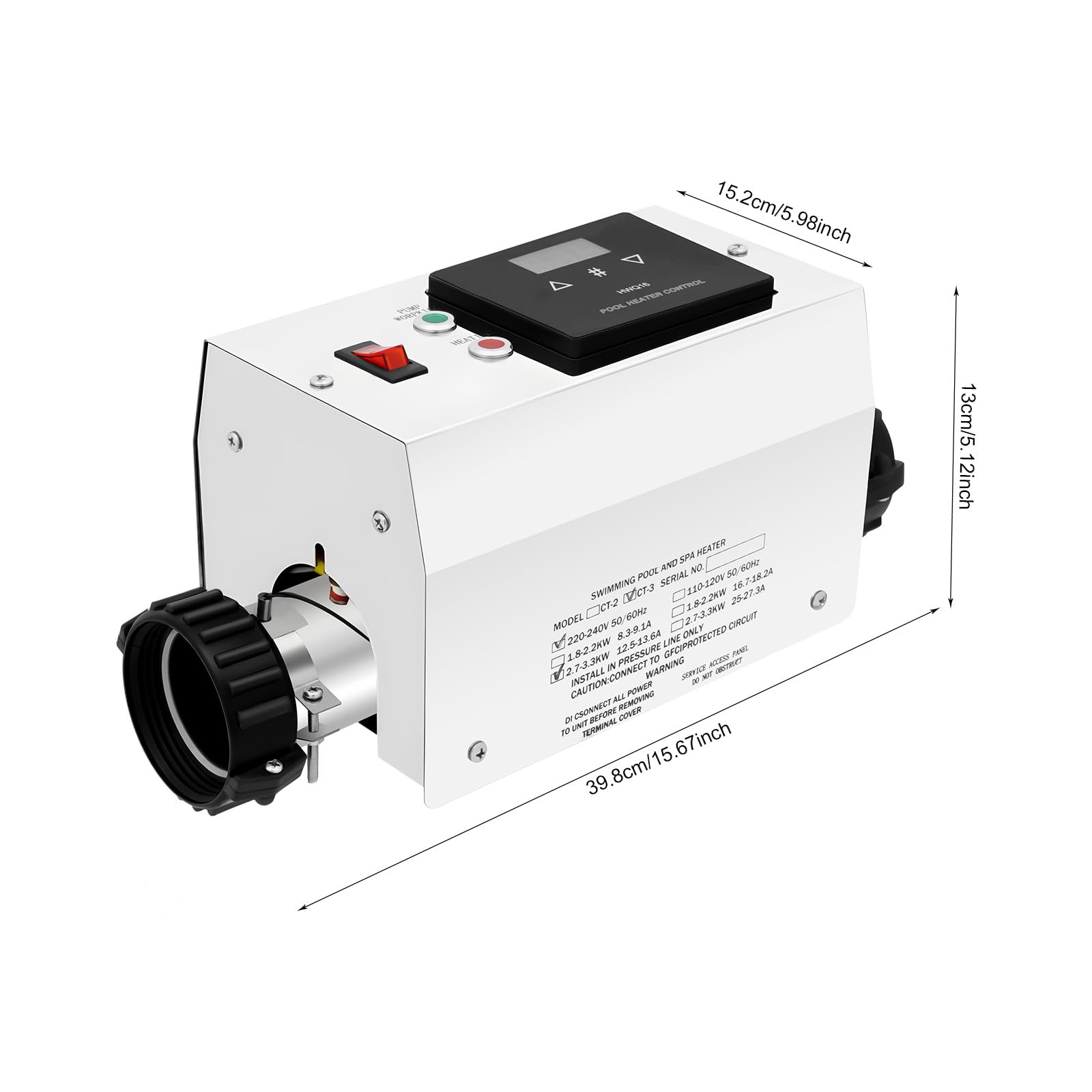 Calentador Piscina Eléctrico 3KW 220V Termostato Control de Temperatura para SPA y Piscina Pequeña Acero Inoxidable Pantalla Digital Protección Seguridad Hogar Hotel Exterior