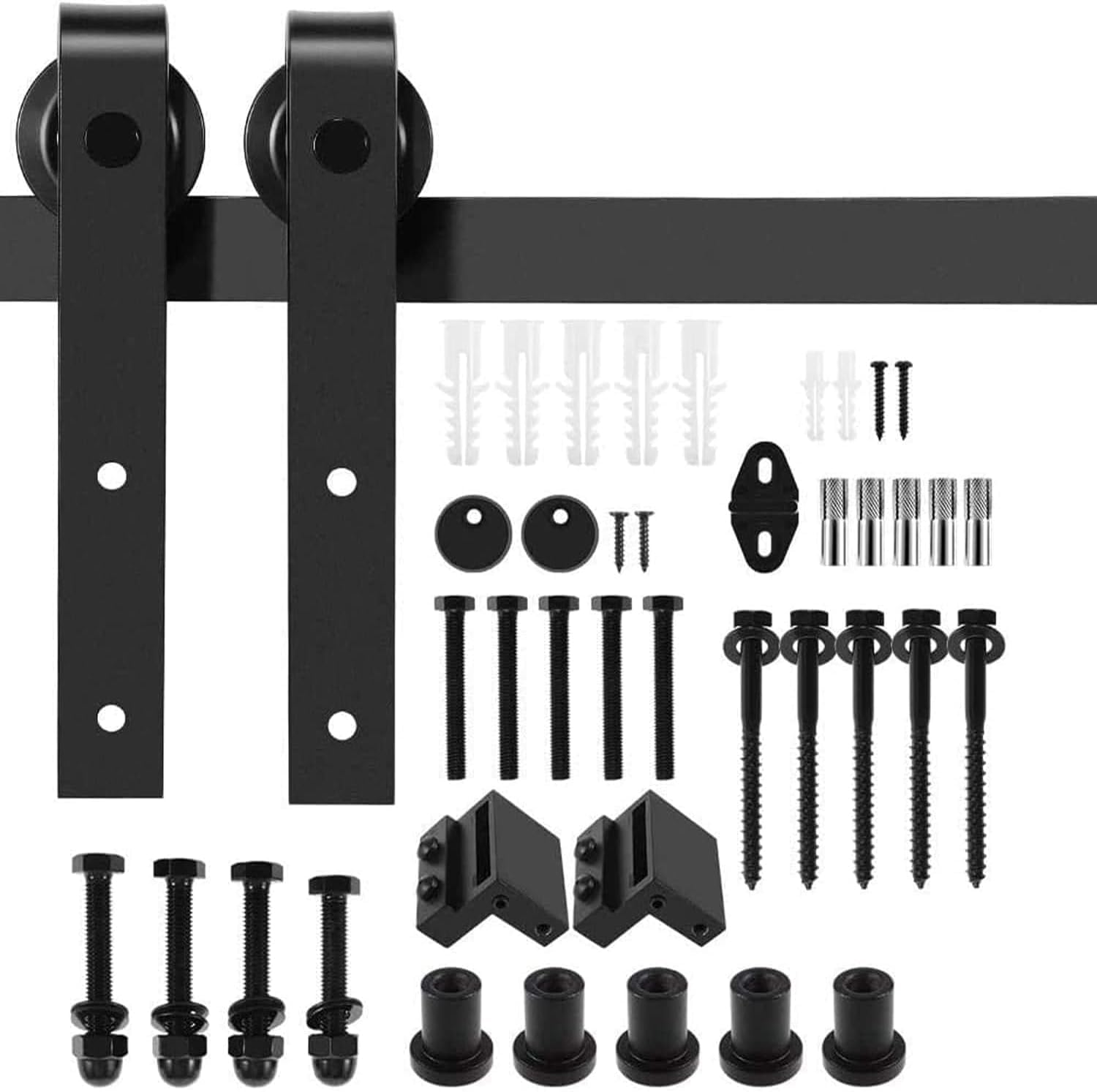 Sliding Barn Door Hardware Kit, Heavy Duty Carbon Steel J-Shape Hangers, Smooth & Quiet Rolling Track Rail System for Single Wooden Door, Fits 35-45mm Thickness, Matte Black(Black, 8FT)