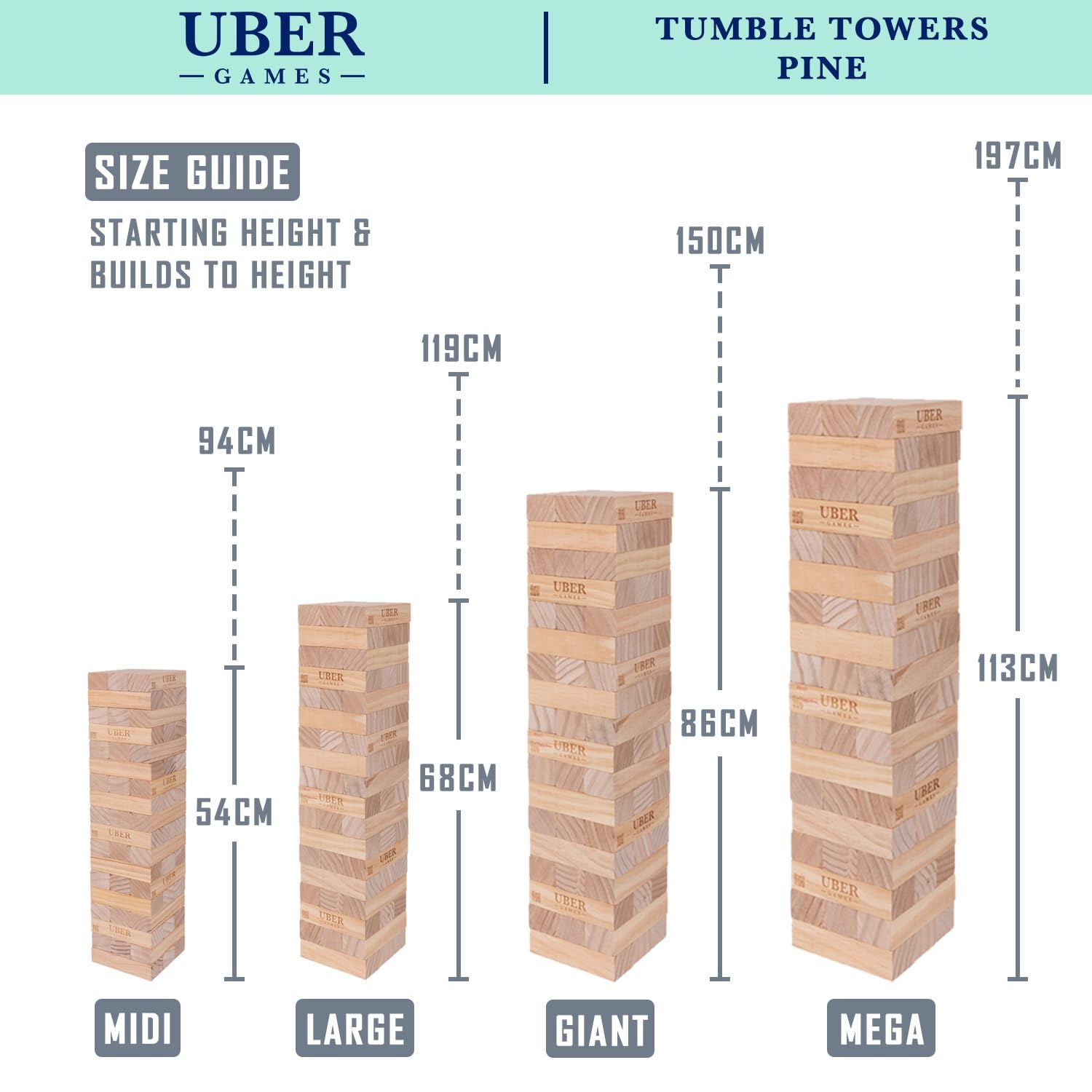 Uber Games Duża wieża oscylacyjna do 200 cm XXL Jumbo Hi-Tower w kieszeni, 2,5 m (maks. w grze, gra wieża z litego drewna sosnowego, ekstra luksusowych bloków i torba (do 200 cm)