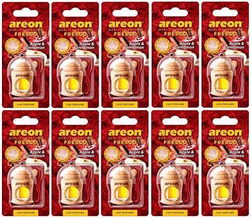 AREON Fresco Auto Duft Apfel Zimt Glas Duftflakon Flakon Holz Hängend Anhänger Spiegel Rot 4ml (Pack x 10)