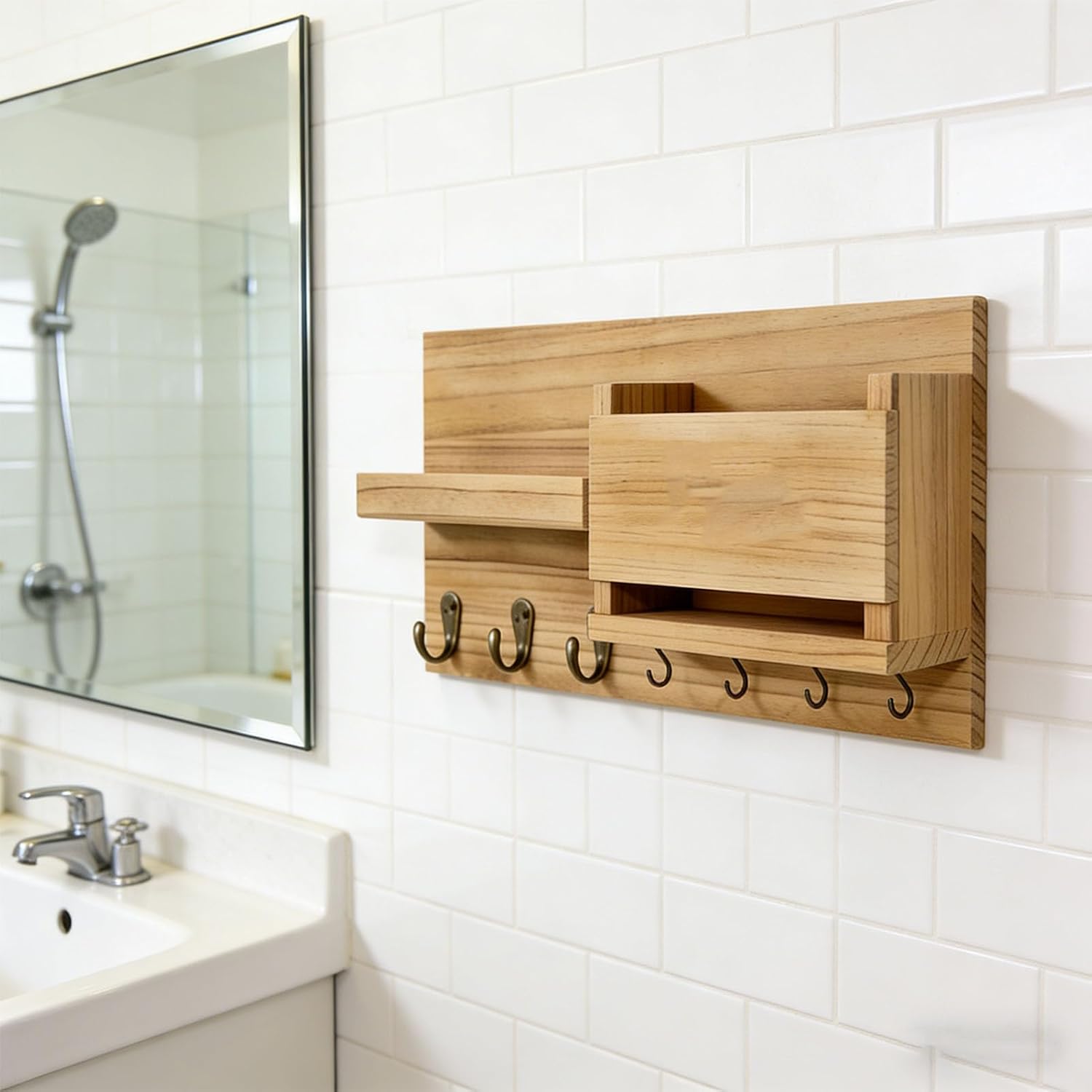 Brrnoo Mail Organizer for Wall Mount, Key Holder with Shelf, Hooks for Bags Coats Umbrella Entryway Home Decor, Crafted from Premium Paulownia (Wood Color)