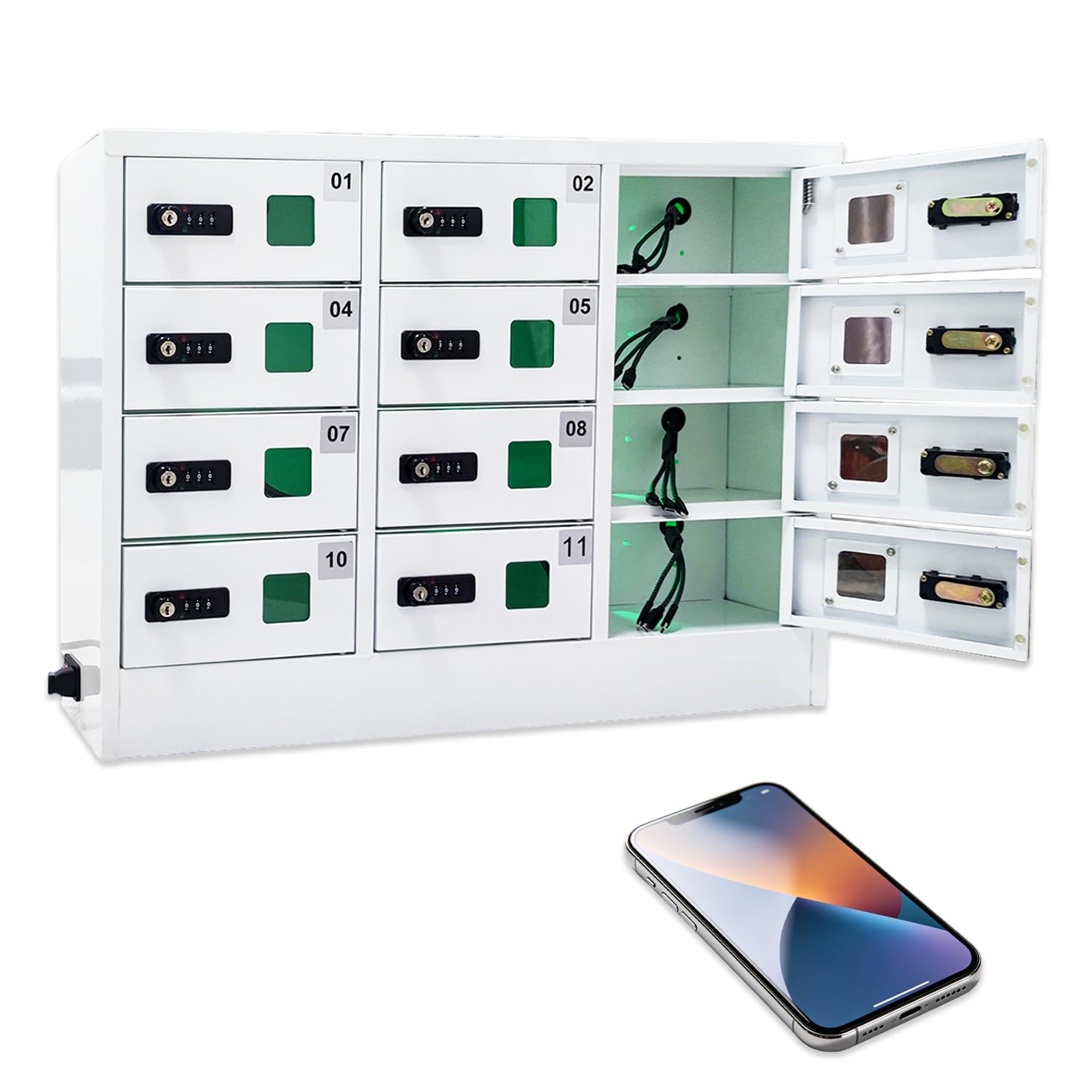 WTRYRN 12-Bay Secure Steel Charging Station, Multi-head Charging Cables, Multi-layer Safety Protection, Custom Password, for Gym, Office, University Library