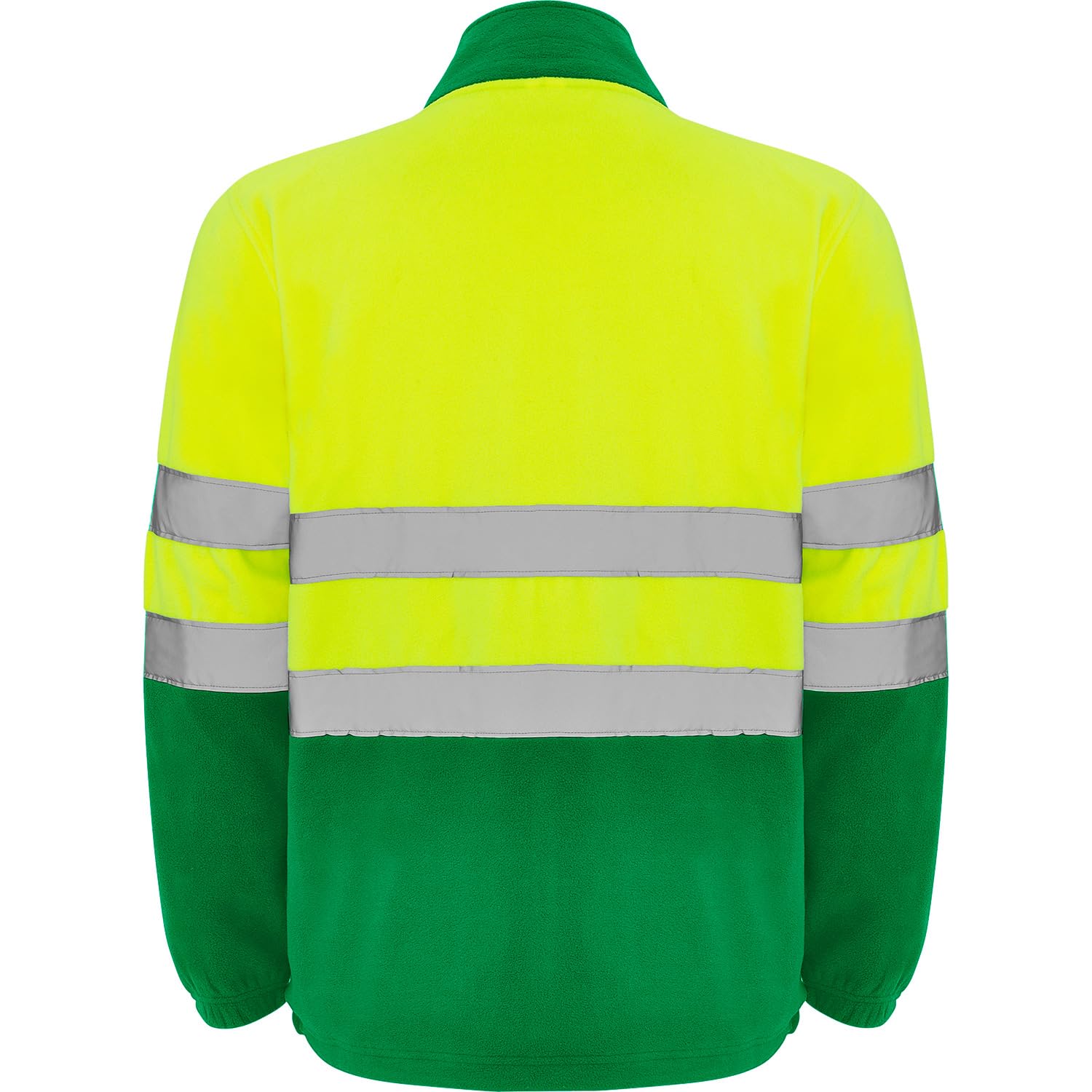 Chaqueta polar alta visibilidad adulto con cintas reflectantes, cremallera completa, bolsillos frontales y pecho, 100% poliéster