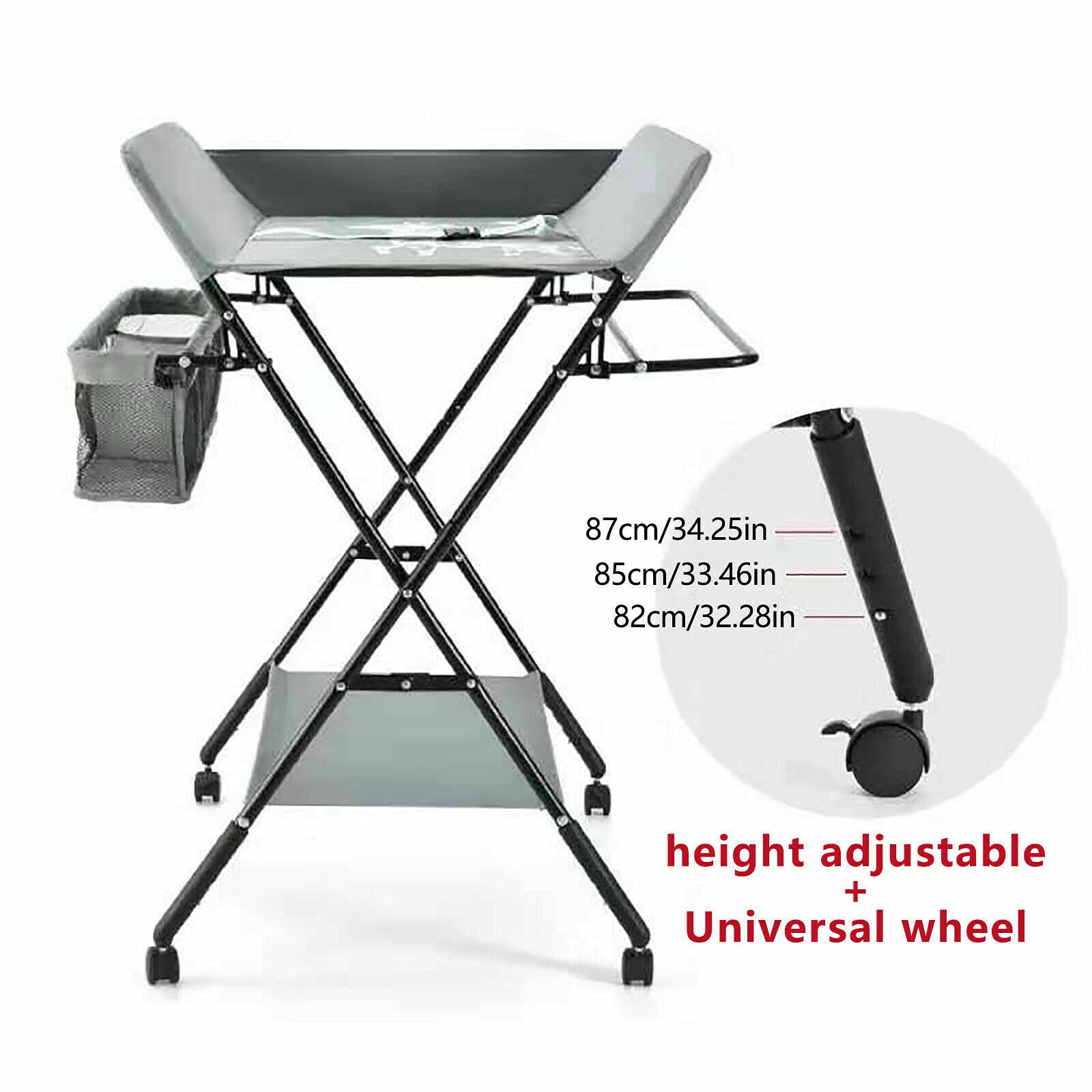 Mesa de cambio de bebé plegable Nursery Changing Station con almacenamiento, con bañera, con ruedas, con cajones, con alfombrilla, color gris oscuro, adecuado para bebés de hasta 12 meses