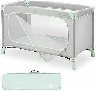 hauck Dream N Play PLUS, Dusty Mint - Travel Cot for Babies & Toddlers with XL Hatch, Travel Bag, Lightweight, Fast & Compact Folding, 120cm x 60cm, from Birth up to 15 kg