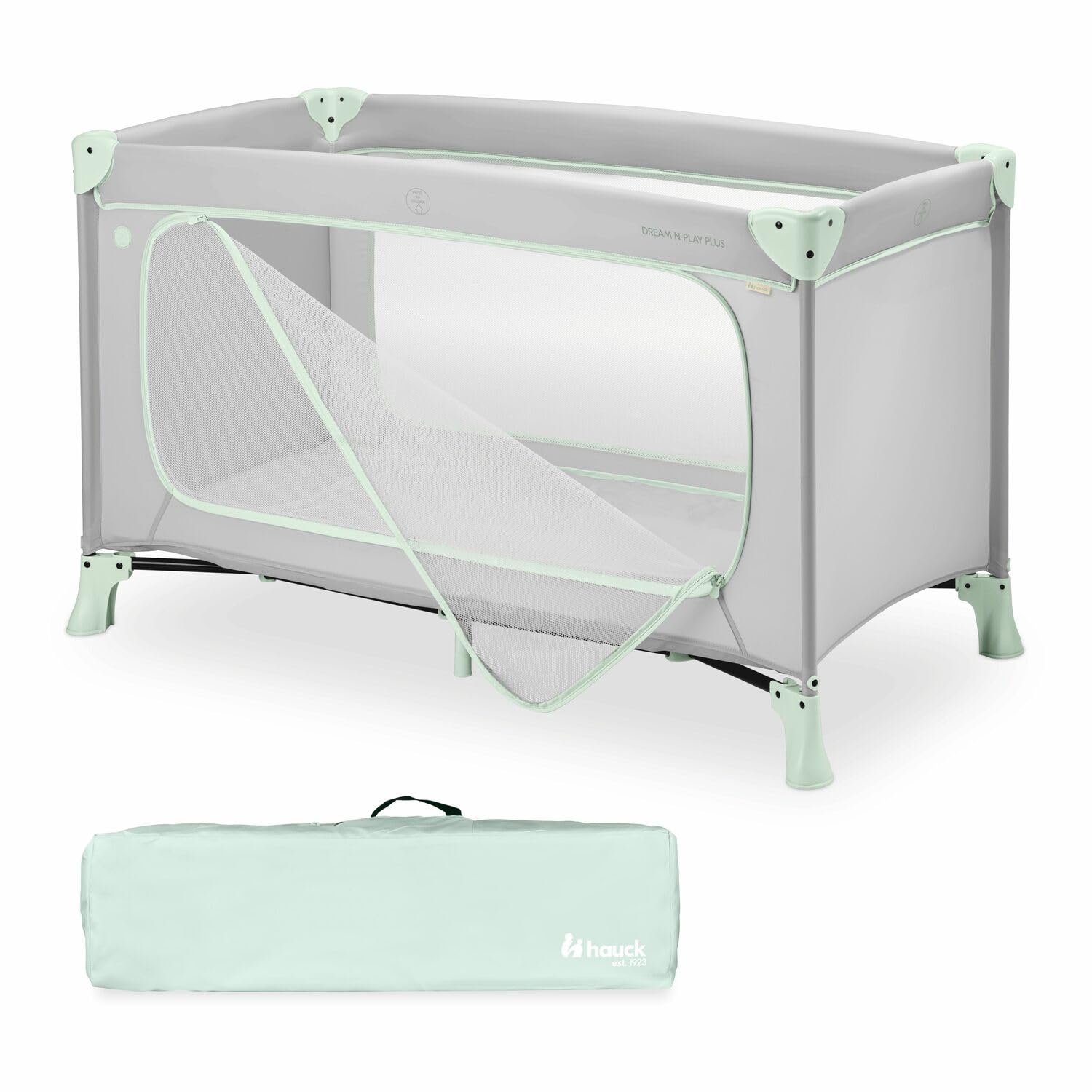 Dream N Play PLUS, Dusty Mint - Travel Cot for Babies & Toddlers with XL Hatch, Travel Bag, Lightweight, Fast & Compact Folding, 120cm x 60cm, from Birth up to 15 kg