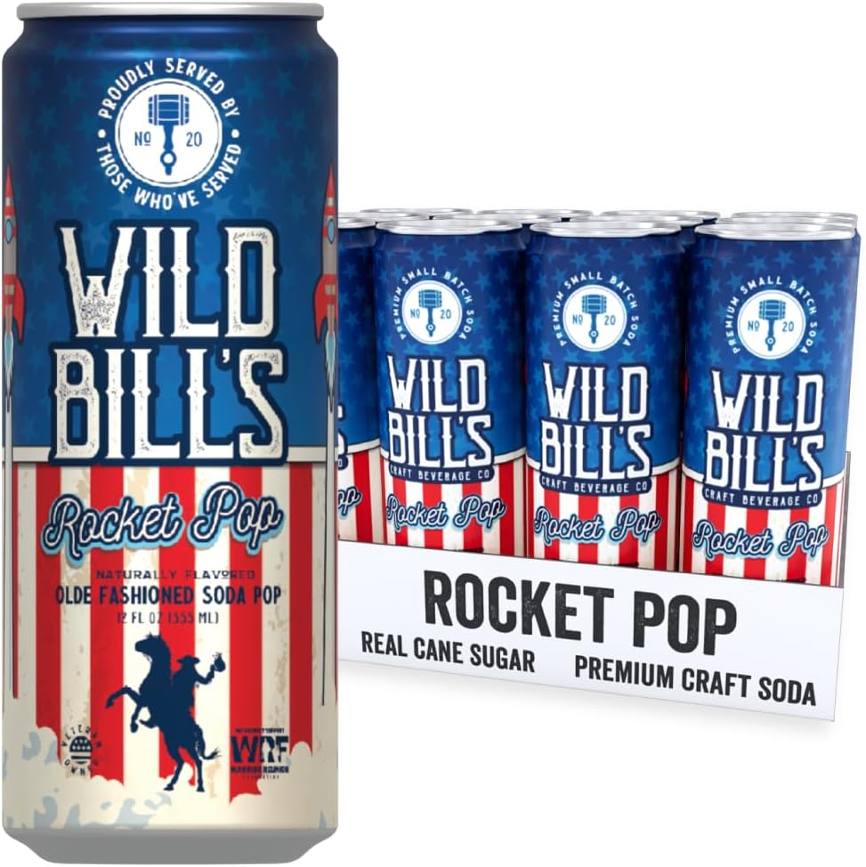 Wild Bill's Rocket Pop Soda Classic Craft Soda Pop Soft Drinks, Sodas Made with Pure Cane Sugar, Caffeine Free, NO High Fructose Corn Syrup, Gluten Free, Vegan, Low Sodium, 12 Oz 12 Pack