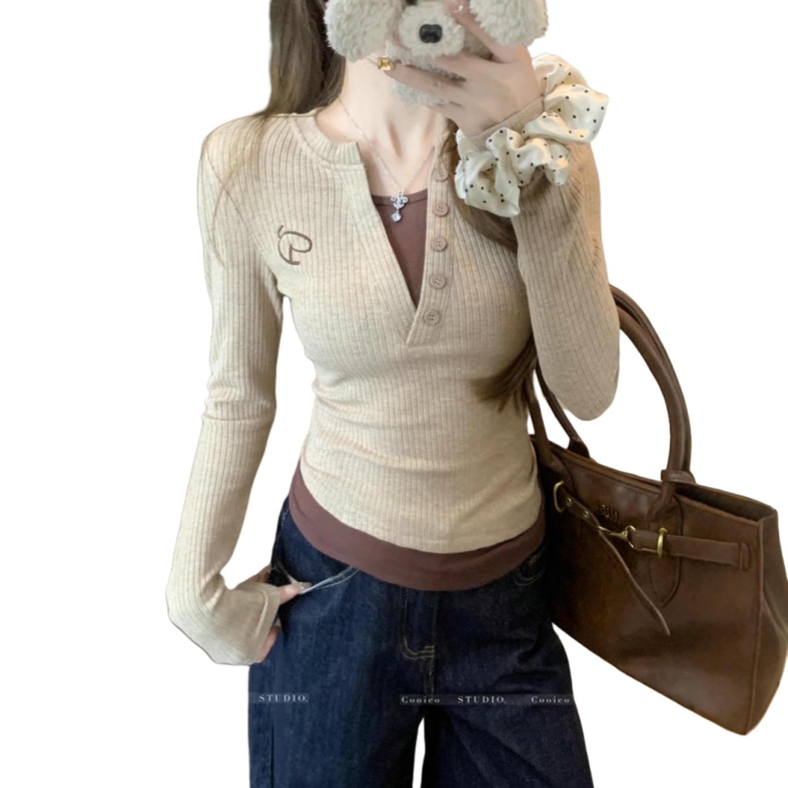 Maglietta A Maniche Lunghe Colore Contrasto retrò Finta Maglietta A Maniche Lunghe in Due Pezzi Camicia da Fondo per La Primavera Femminile-Cachi-l