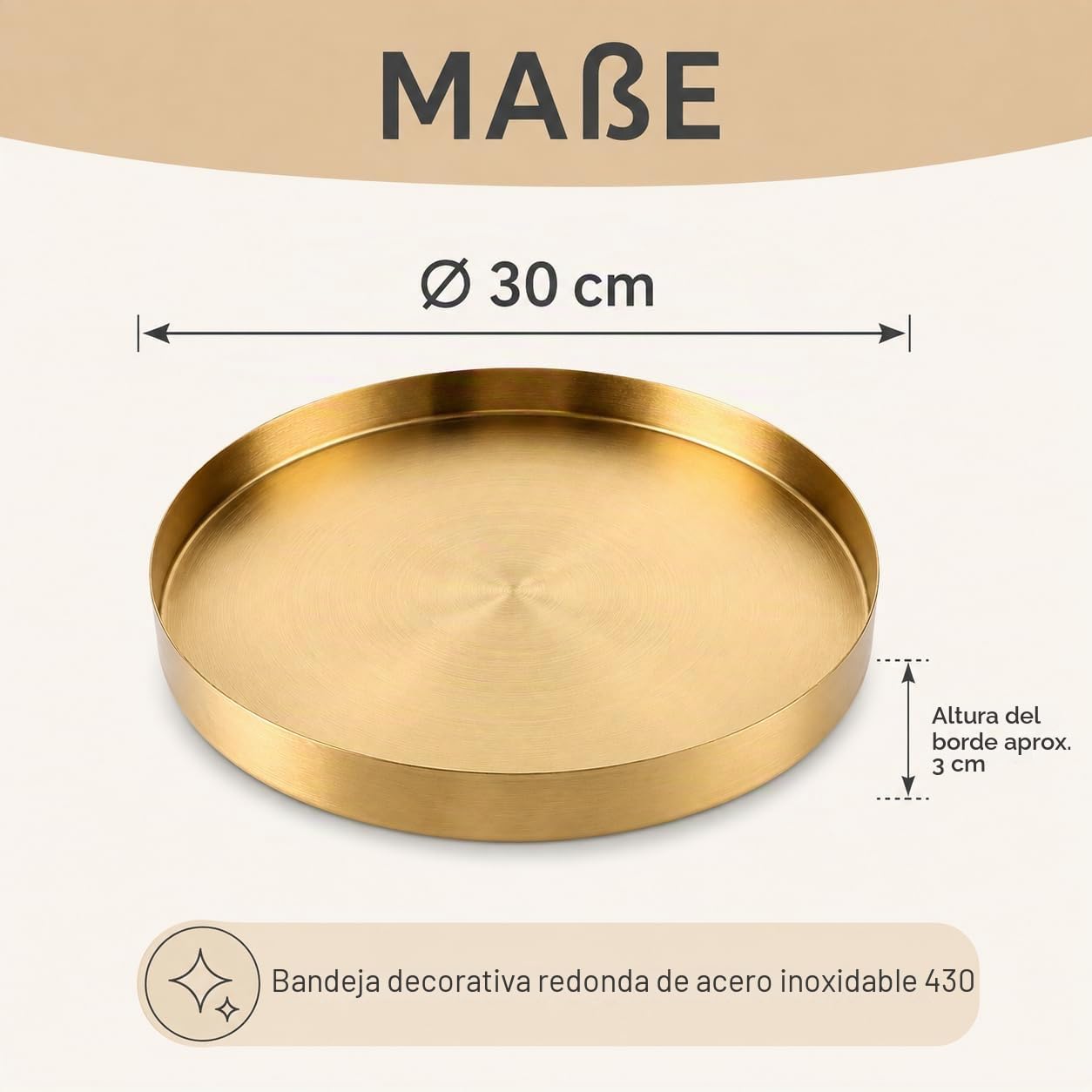 YAYODS bandejas para Servir Comida Acero Inoxidable, Bandeja Decorativa Dorada, diámetro de 30 cm, Altura de 2,8 cm, Plato Decorativo con Borde para Joyas, decoración de Mesa
