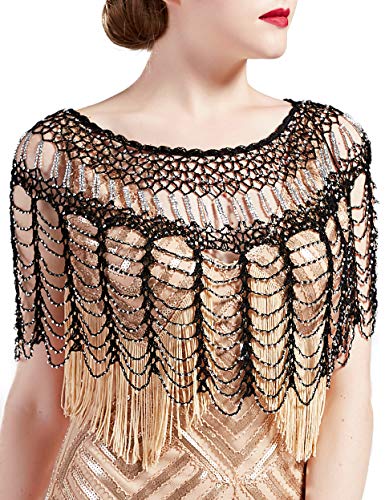 BABEYOND 1920s Shawl Wraps Gatsby Beaded Evening Cape Bridal Shawl Bolero Flapper Cover Up (Black Silver)