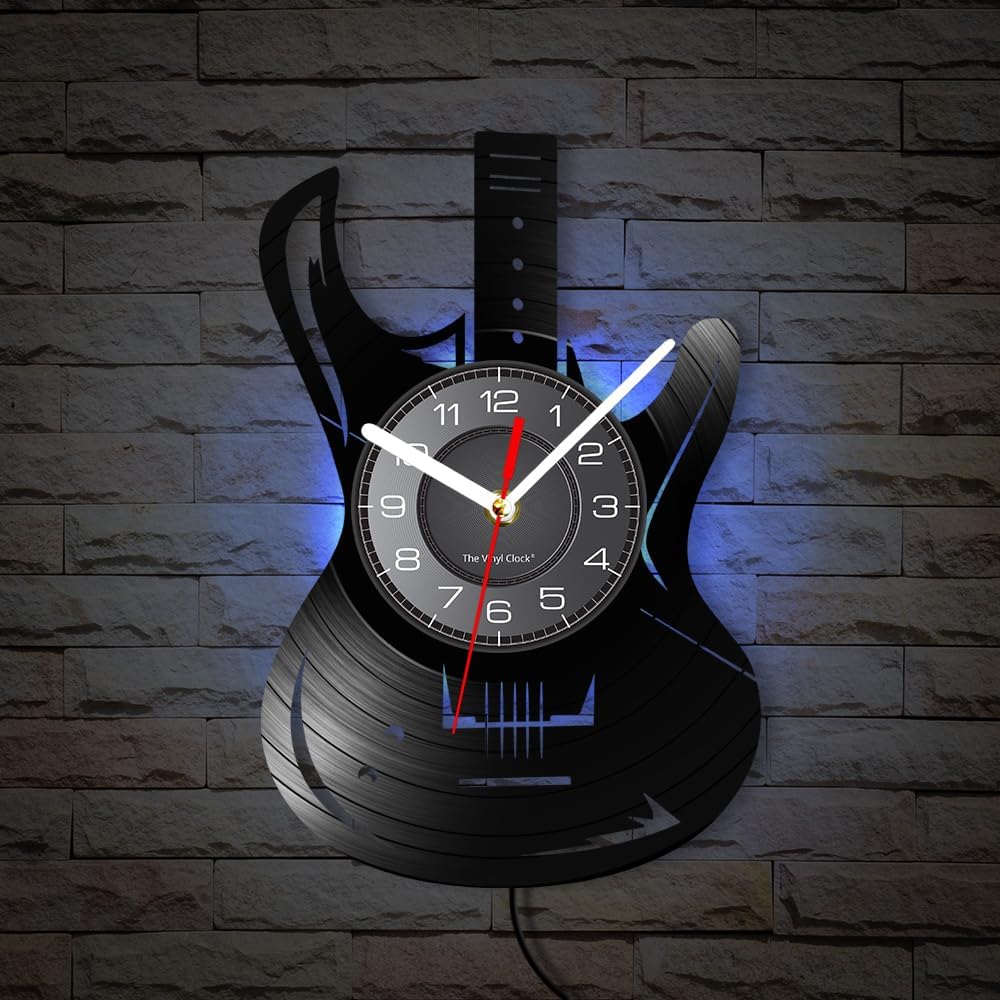 12 Inch Guitar Music Instrument LED Vinyl Record Wall Clock with 7 Luminous Modes, Silent Quartz Non Ticking Modern Decorative Night Light Musician Wall Clock for Music Room Music Studio