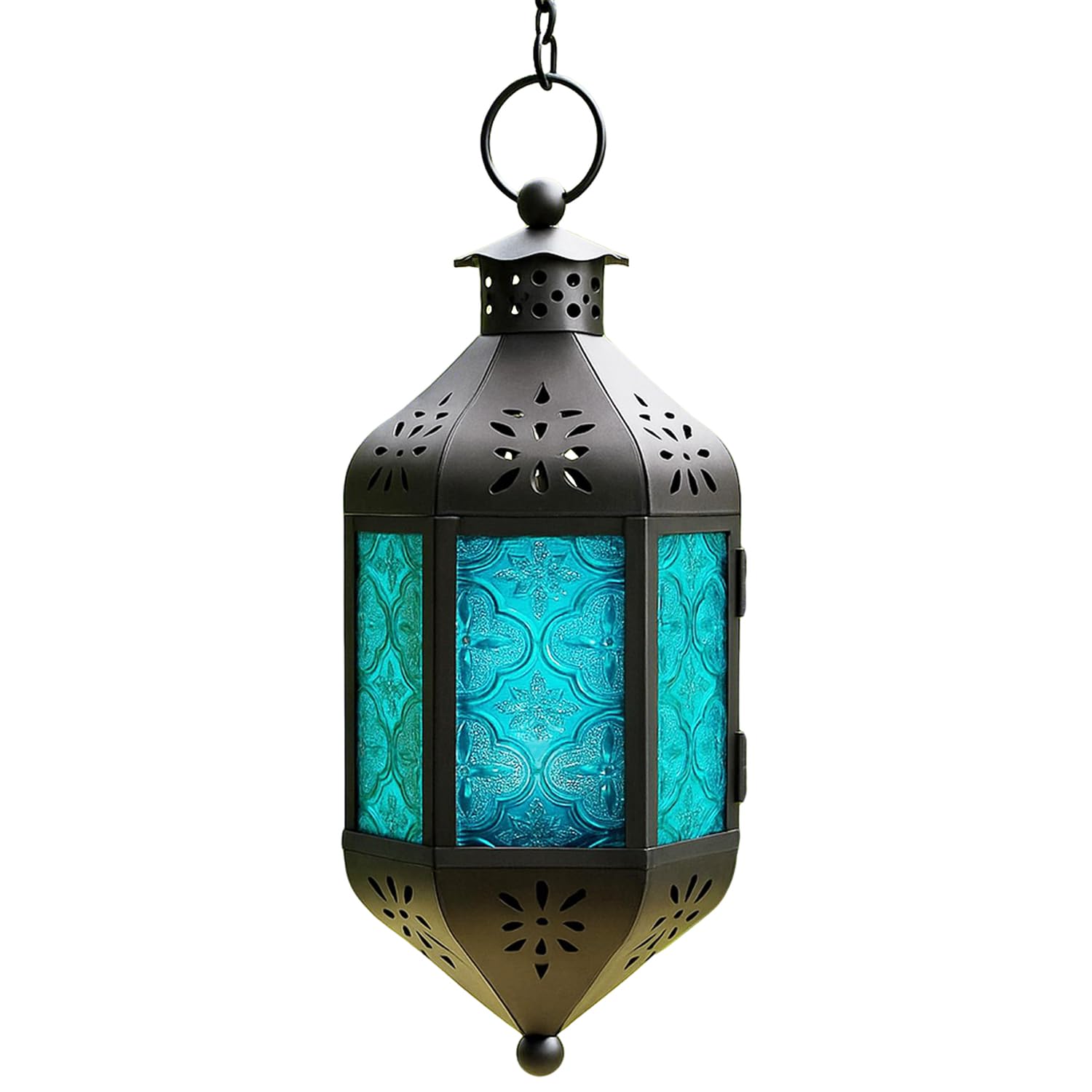 Blue Glass Hanging Moroccan Candle Lantern with Chain