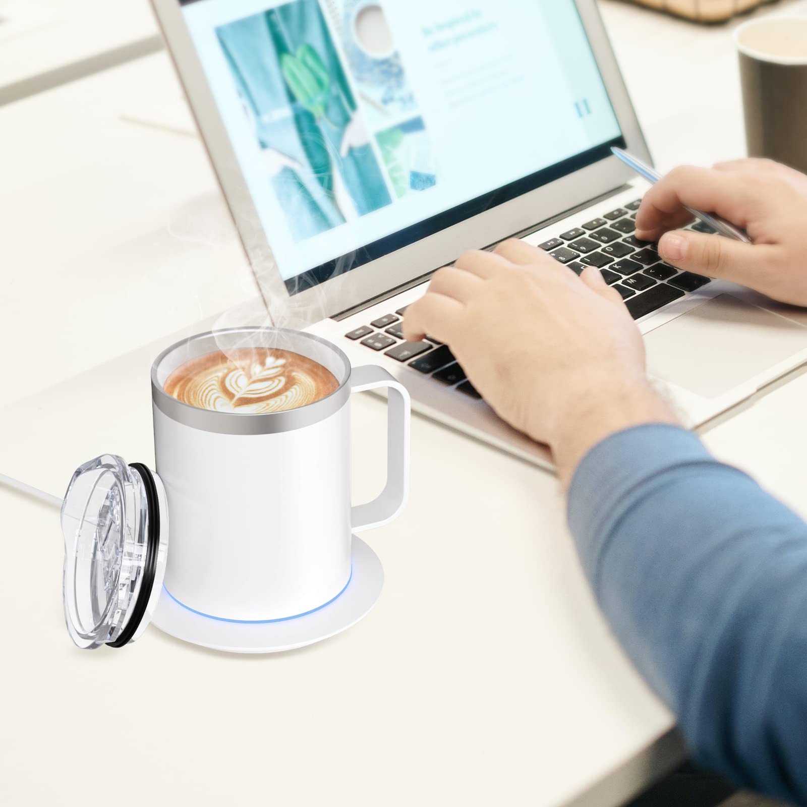 Calentador de taza de té y café USB con taza aislada de acero inoxidable de doble capa de 12 onzas y tapa de calentamiento de hasta 131 °F a 149 °F para escritorio, oficina en casa (blanco) 6