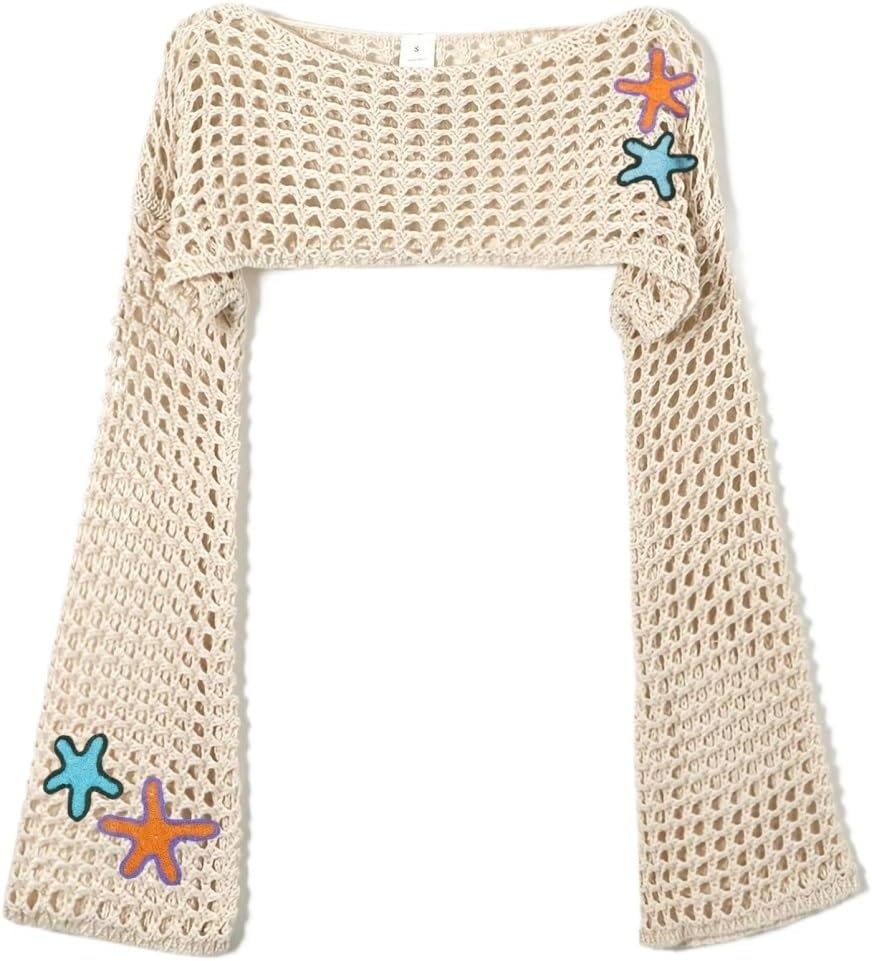 Women's Spring Summer Beach Starfish Embroidery Short Long Sleeve Knit Sweater Pullover Hollow Out Top cover ups for swimwear