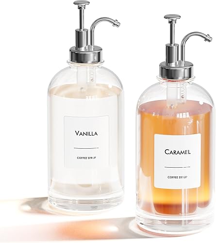 Juego de dispensadores de jarabe de café de 16.9 onzas líquidas, 2 botellas de vidrio con etiquetas plateadas para bombear y jarabe, dispensación