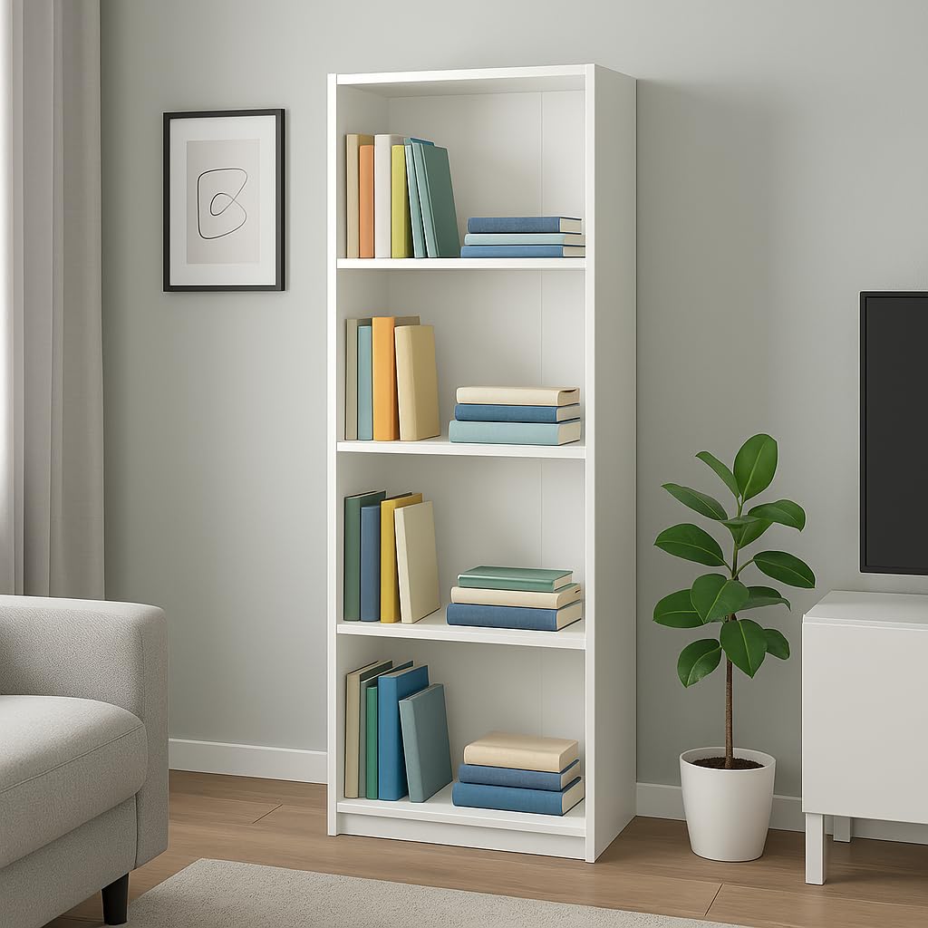 eacommerce - Libreria Scaffale in Legno Melaminico | 4 Ripiani Verticali per Libri e oggetti | Facile da Assemblare | Resistente e Duratura, 60x24x170H cm - Colore Bianco