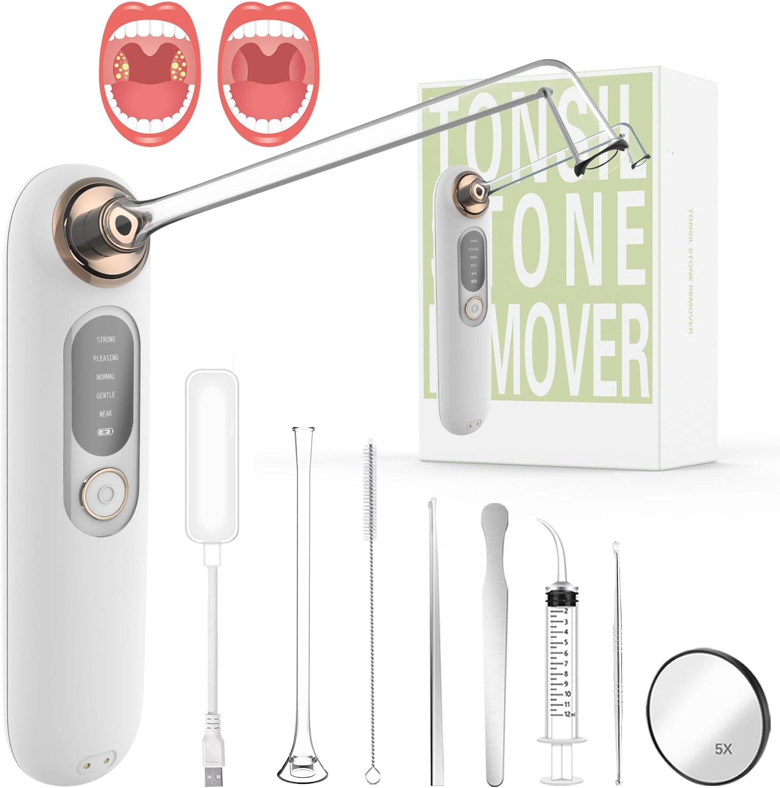 Voraiya Tonsil Stone Remover Kit - Electronic Vacuum Tonsil Stone Removal Tool with 5 Suction Modes, 5X Magnifying Mirror, LED Light Includes Tweezers, Tongue Depressor, Swabs, Oral Irrigator, White