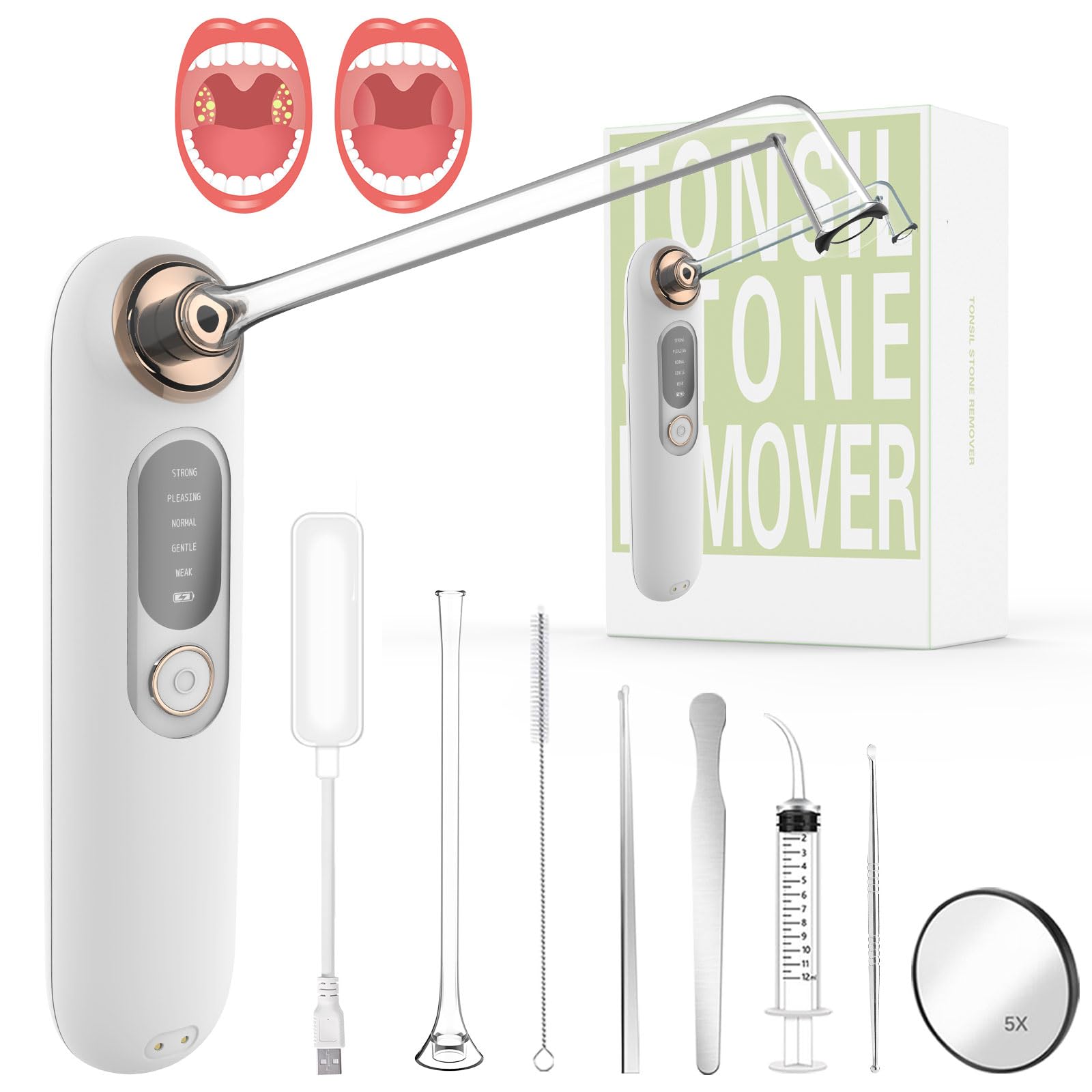 Voraiya Tonsil Stone Remover Kit - Electronic Vacuum Tonsil Stone Removal Tool with 5 Suction Modes, 5X Magnifying Mirror, LED Light Includes Tweezers, Tongue Depressor, Swabs, Oral Irrigator, White