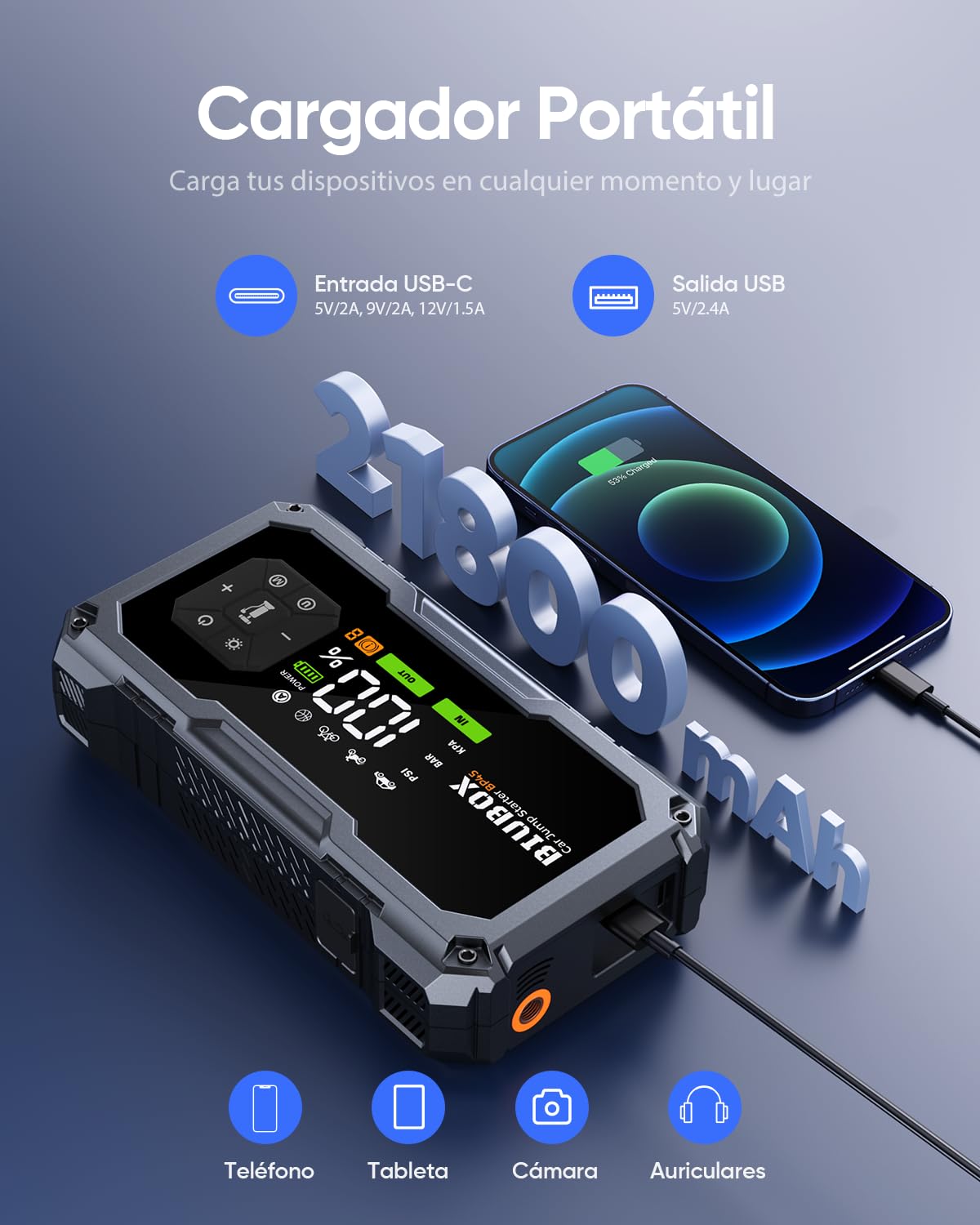 Arrancador de Baterías de Coche con Compresor de Aire 150PSI, 8500A BiuBox Arrancador de Coches Portatil (para Toda Gasolina o 9L Diesel), Booster Batería de 12V Jump Starter con Luz LED 500lm