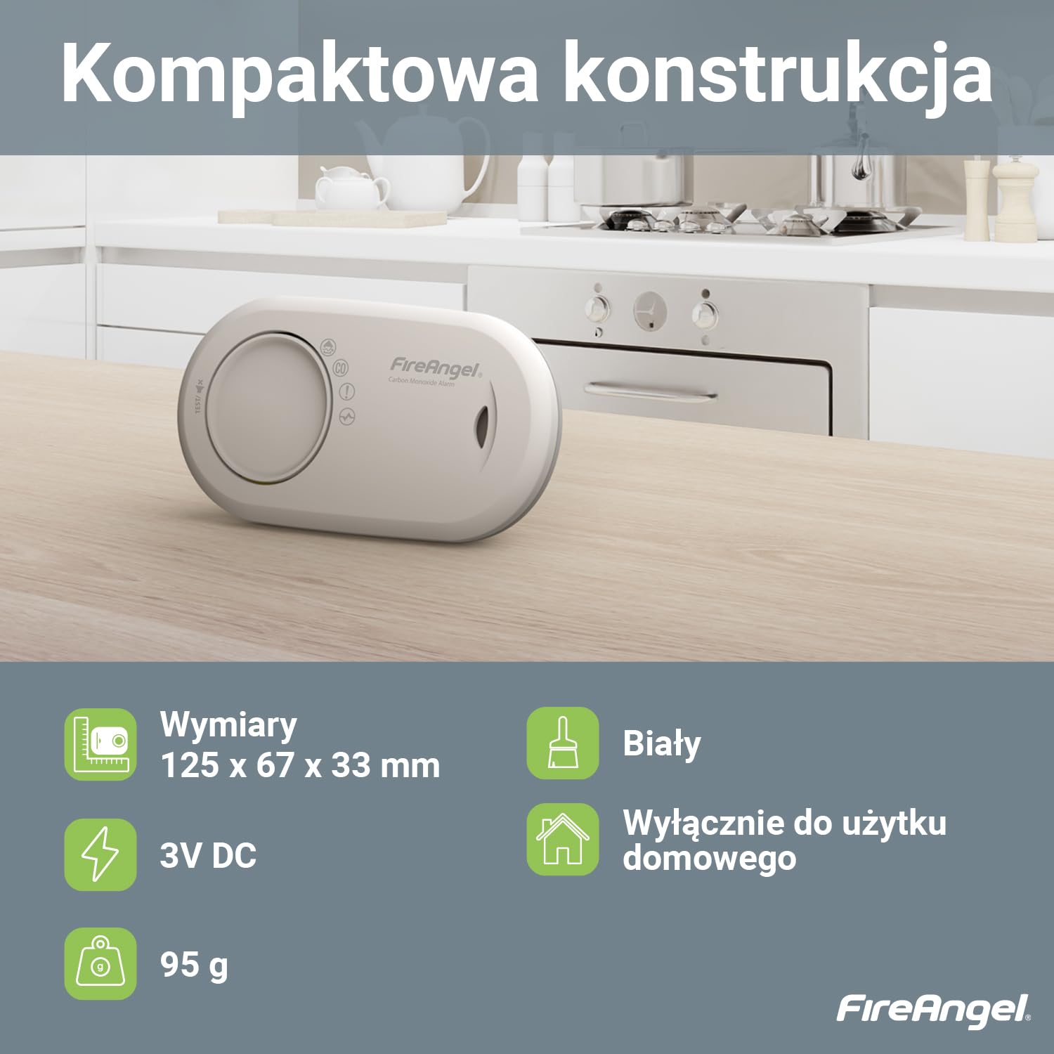 Fire Angel FA3820 czujnik czadu do domu i na wakacje – czujnik tlenku węgla z wbudowaną baterią na 10 lat – podróżny detektor tlenku węgla – biały