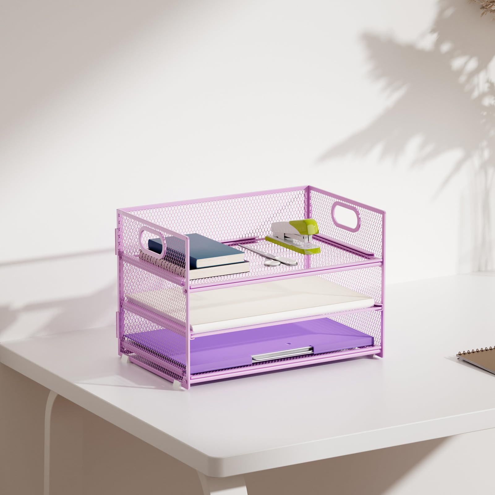 Marbrasse Organizer Scrivania, Scrivania a Rete Vassoio Portacarte 3 Scomparti con Maniglia Organizzatore,Organizer per File A4,Portapenne per Casa Ufficio(Viola)