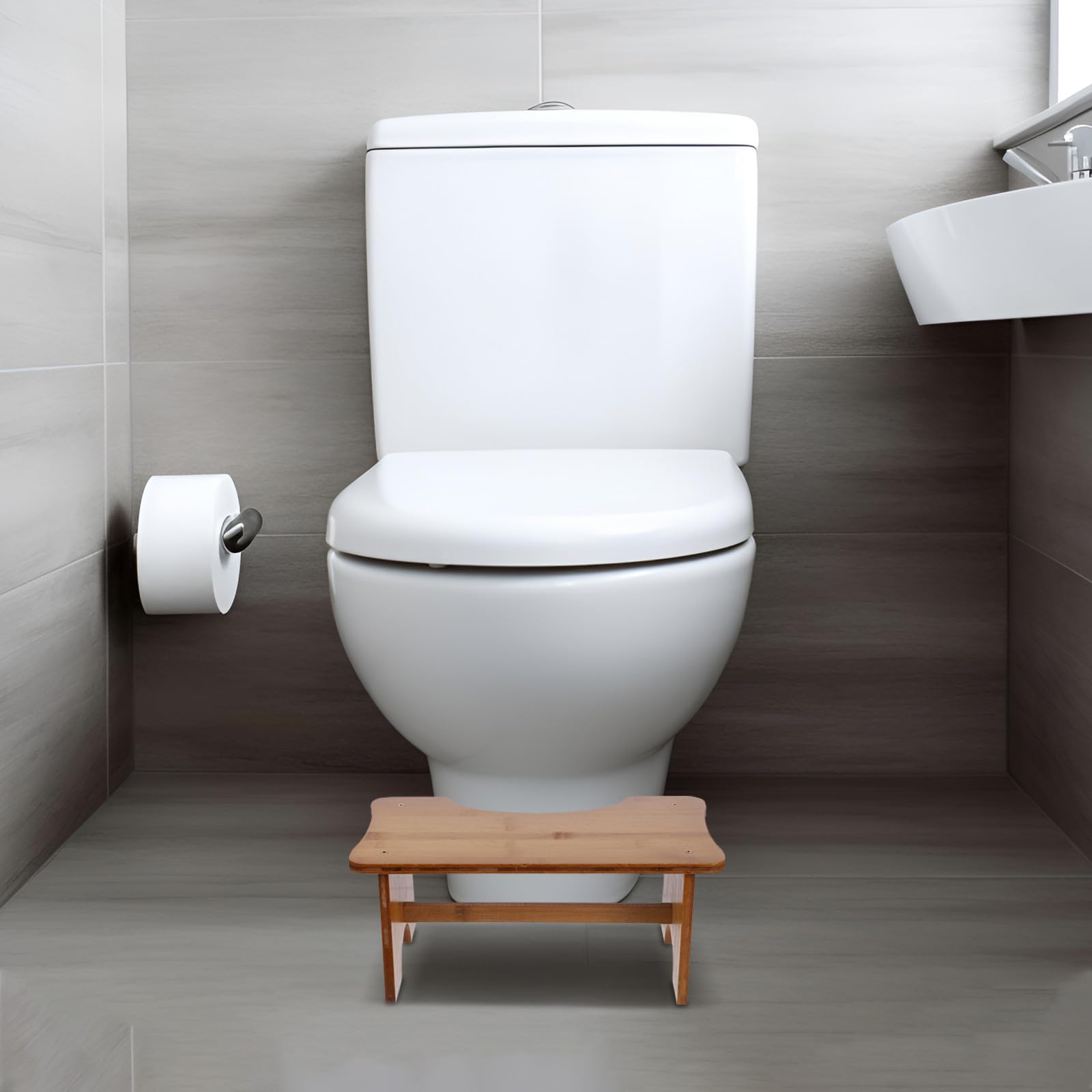 Sgabello in Legno per Bagno Struttura Stabile e Design Rettangolare, Sgabello Pratico per Ragazzo Ragazza e Adulti, come Gradino per Toilette
