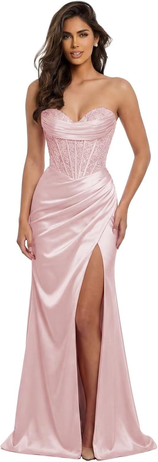 Strapless Mermaid Prom Dress Ball Gown Lace Appliques Pleated Corset Satin Formal Evening Dress with Slit
