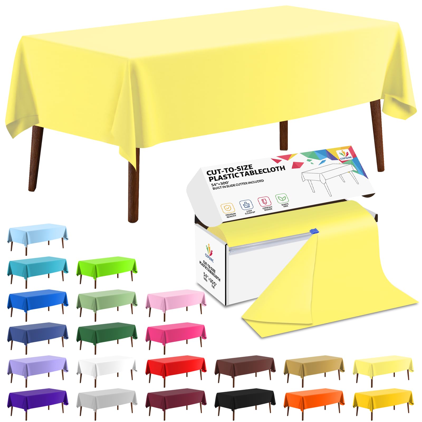 CXPSINC 54 Inch X 300 Feet Plastic Table Cover Roll Disposable Tablecloth with Slide Cutter for All Type/Shape Tables | Picnic, Party, Banquet, Birthdays, Weddings (Light Yellow, 300 Feet) — image 1