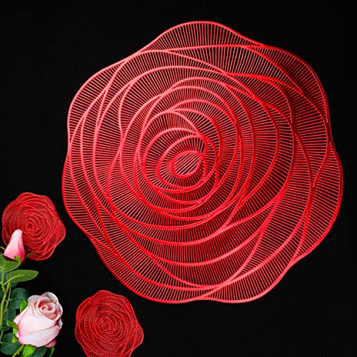 Snowkingdom Red Placemats And Coasters Set Of 6 Pressed Metallic Vinyl 15 Inch Rose Round Place Mats Dining Table Mats Dinning Table Centerpiece #TOP26