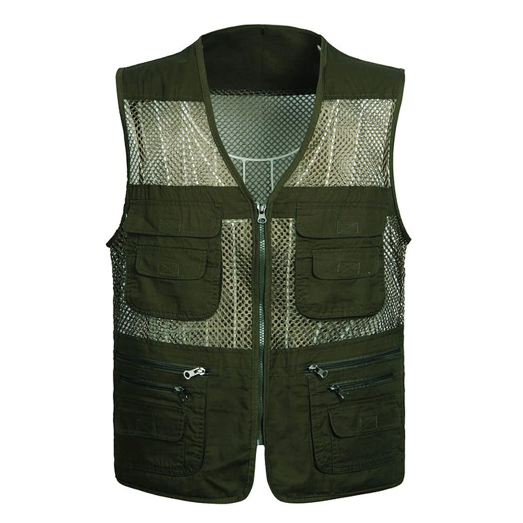 Gilet de pêche sans manches en maille à séchage rapide, avec de nombreuses poches, plusieurs poches, Gilet vert militaire., XXXL