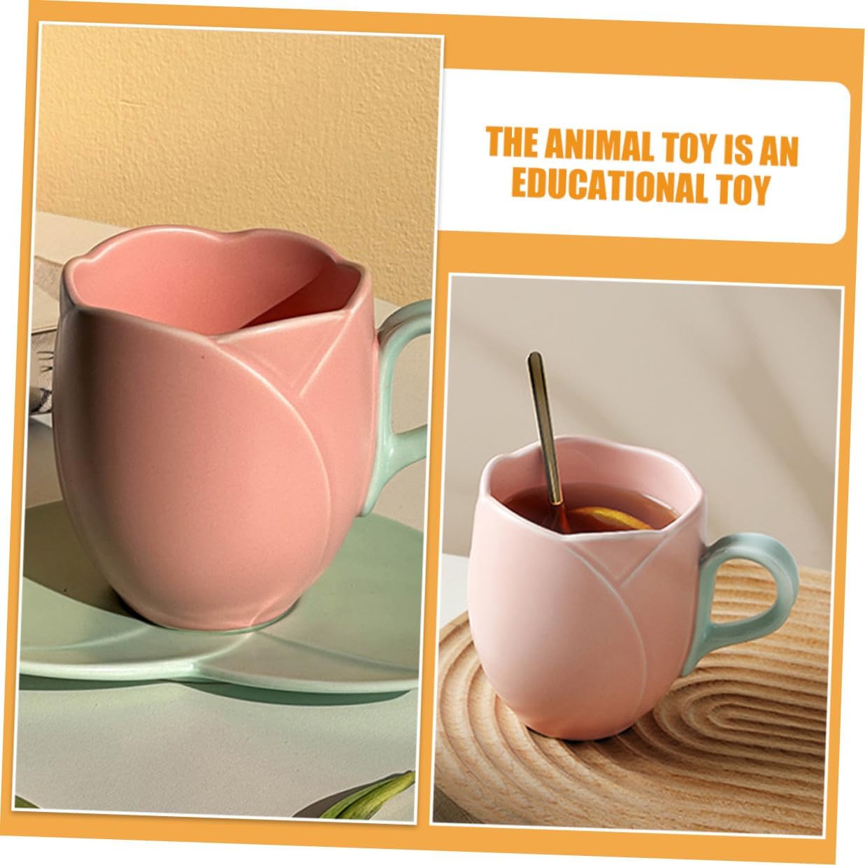 Ceramic Coffee Cup and Saucer Set Tulip Shape 300ml Large Capacity Porcelain Mug with Handle Pink for Office Tea and Breakfast Use