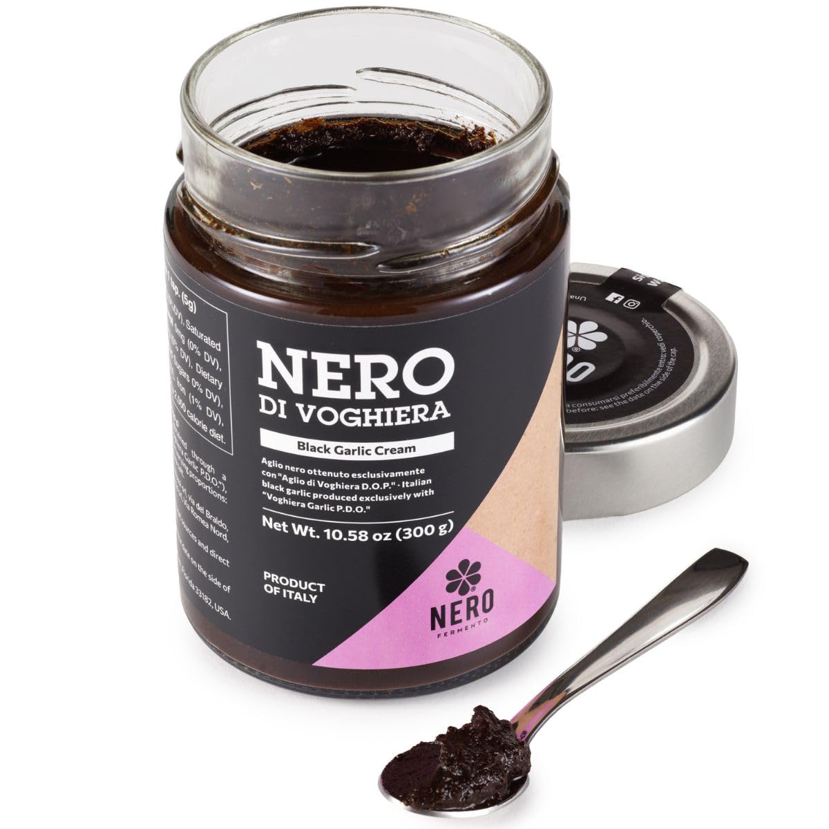 NERO FERMENTO Italian Black Garlic Cream (Voghiera, Italy), DOP, 60-Day Aged, 10.58 oz (300 g), Ready-to-Use Fermented Black Garlic Spread, Deep Umami with Subtle Balsamic Sweetness.