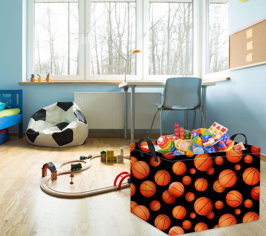 Image of Rectangular Basketball Kids Gift Bin Organizer Shelf Book Room Decor (Black Basketball)