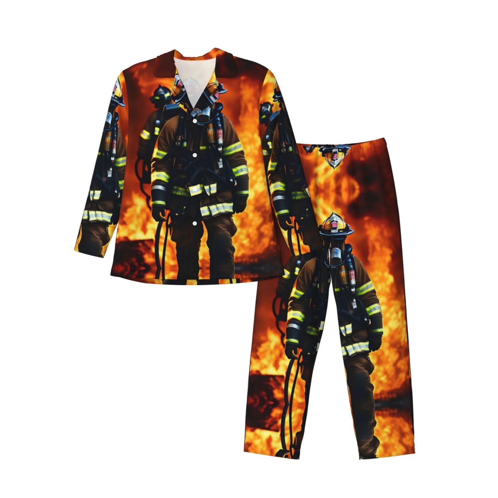 Nbtghga Men's Black Firefighter Fireman Flame Print Pajamas Set Pjs Classic Long Sleeve Tops Pants Warm Sleepwear Loungewear