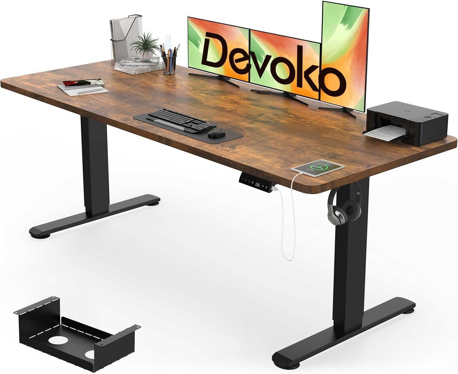 Devoko Electric Standing Desk 180x80cm, 18mm Thick Tabletop, Sit-Stand Height Adjustable with Sedentary Reminder, USB Charging Port, 3 Memory Smart Panel, Heavy-Duty Steel Frame (Rustic Brown)