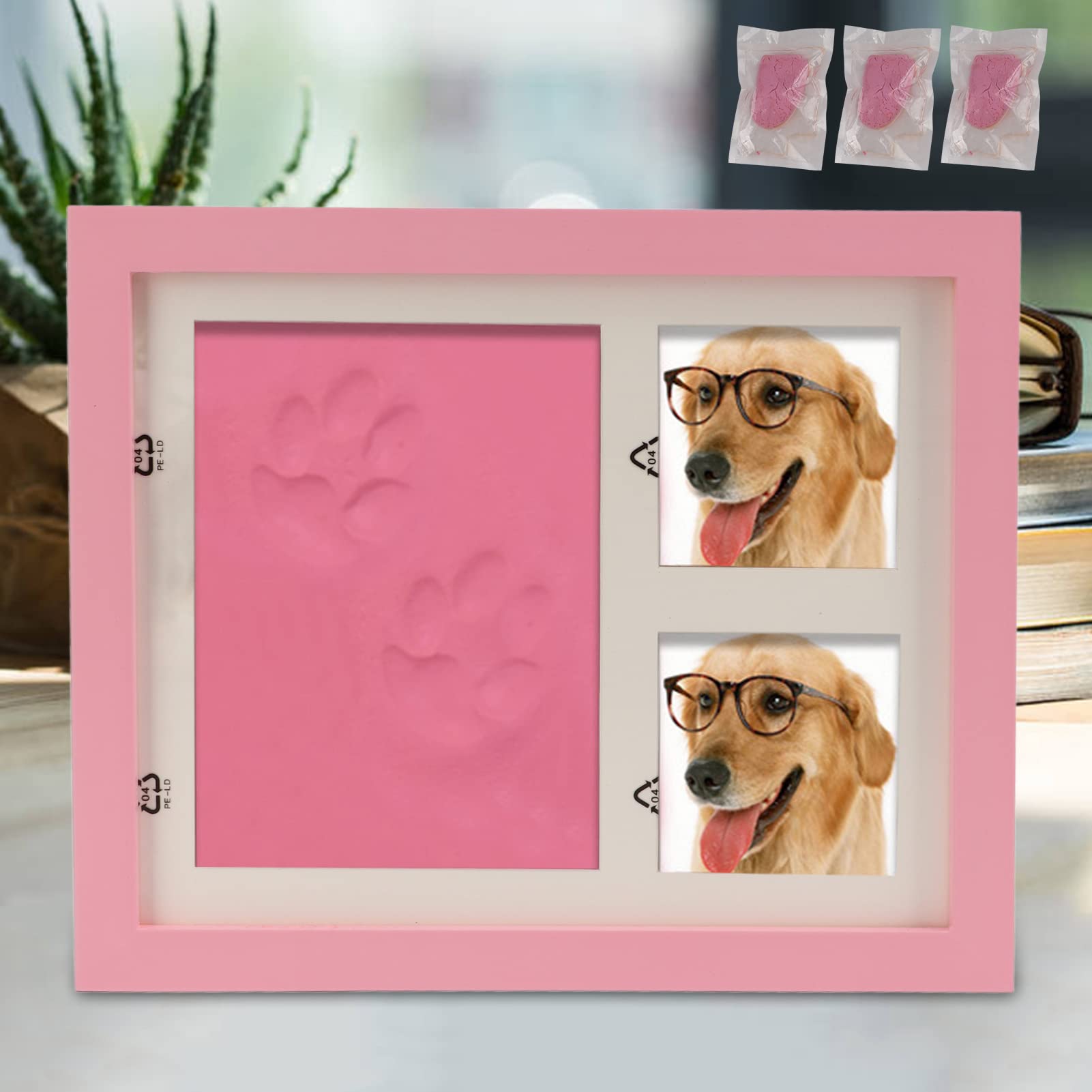 Kit de impresión de marco de fotos conmemorativo para mascotas, marco de fotos de recuerdo de y gato, kit de huellas de mascotas con arcilla, marco de fotos de madera para (marco rosa)