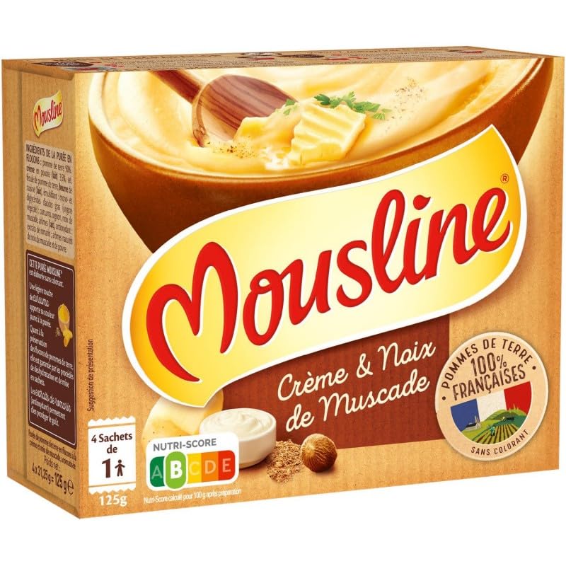 MOUSLINE Purée Crème & Noix de Muscade - Format individuel 125g - Douceur onctueuse - Saveur exquise - Idéal pour un repas rapide! - Le Lot De 4