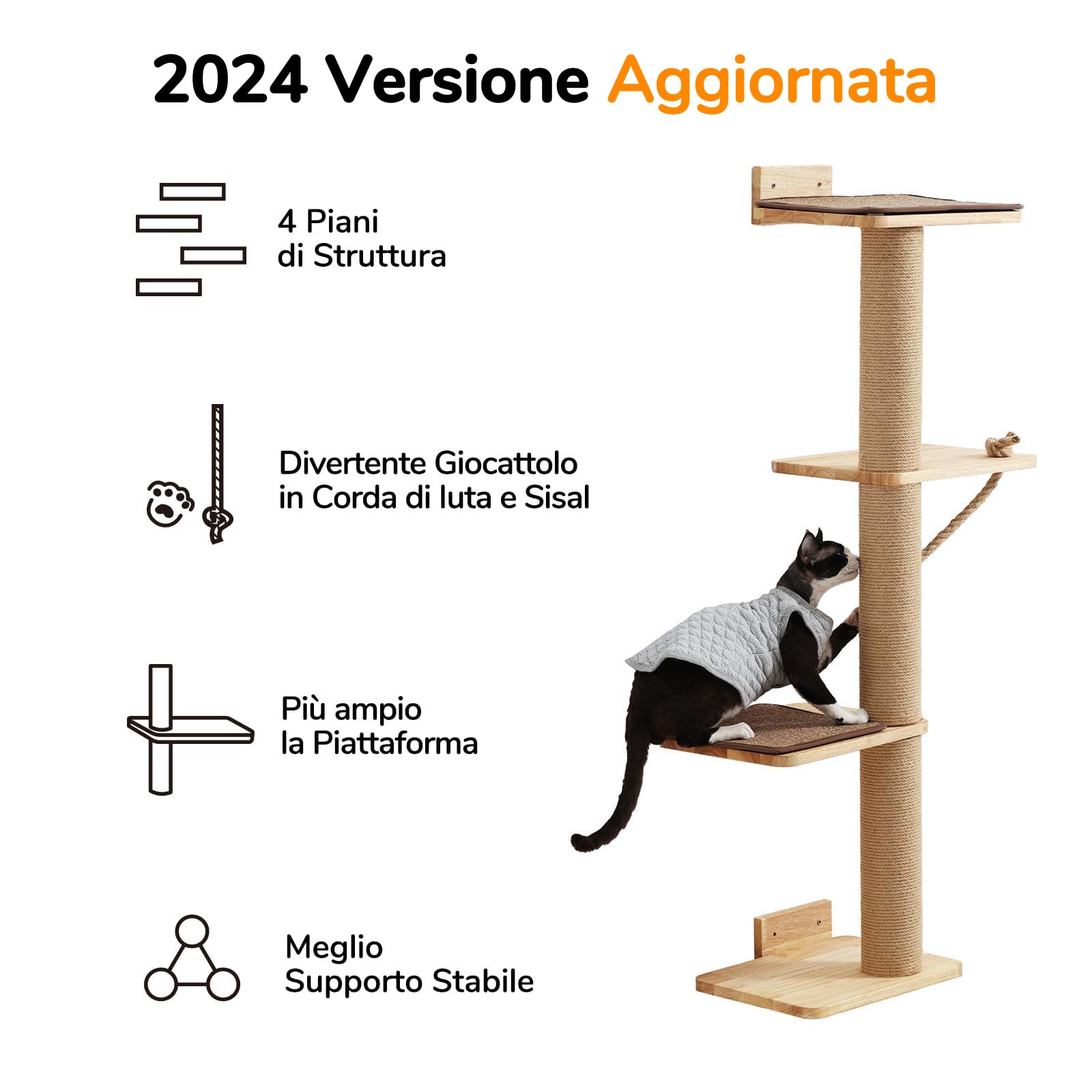 FUKUMARU Albero Tiragraffi per Gatti a Parete, Alto 127 cm, Arrampicare Mensole e Posatoi per Gatti, Legno di Gomma Massiccio,Colonne Tiragraffi con Iuta per Gatti, 4 Tappetini Tiragraffi.Grande.