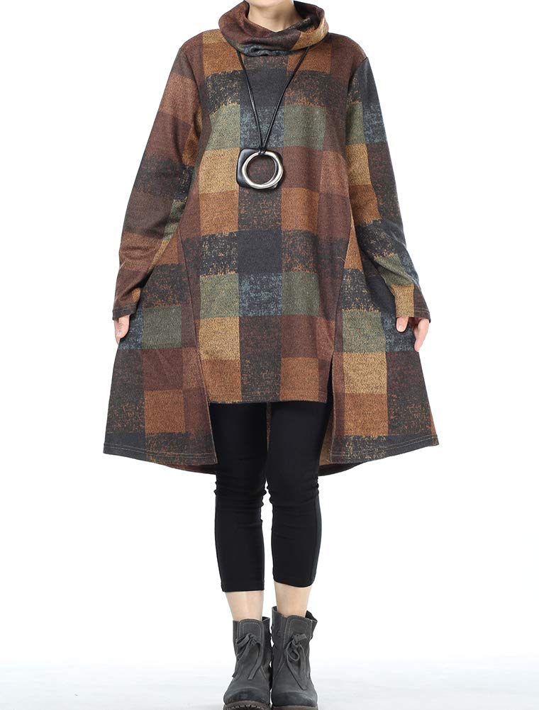 FTCayanz Femme Robe Tunique à Carreaux Manches Longues Robe Midi Plaid Ample Casual Long Tops