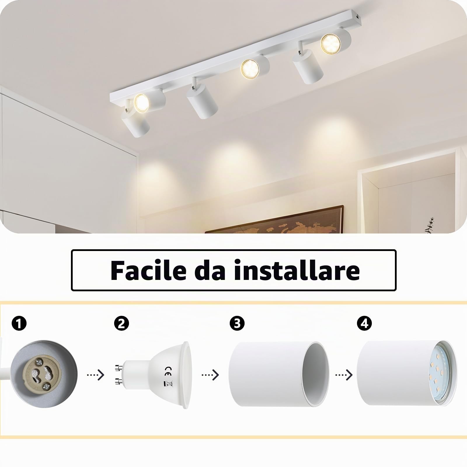 ZMH Plafoniera LED Bianco Faretto a soffitto: Lampadario a soffitto 6 fiamma a LED GU10, girevole di 330°, Lampada da soffitto moderna stile industriale Applique da parete, senza lampadina