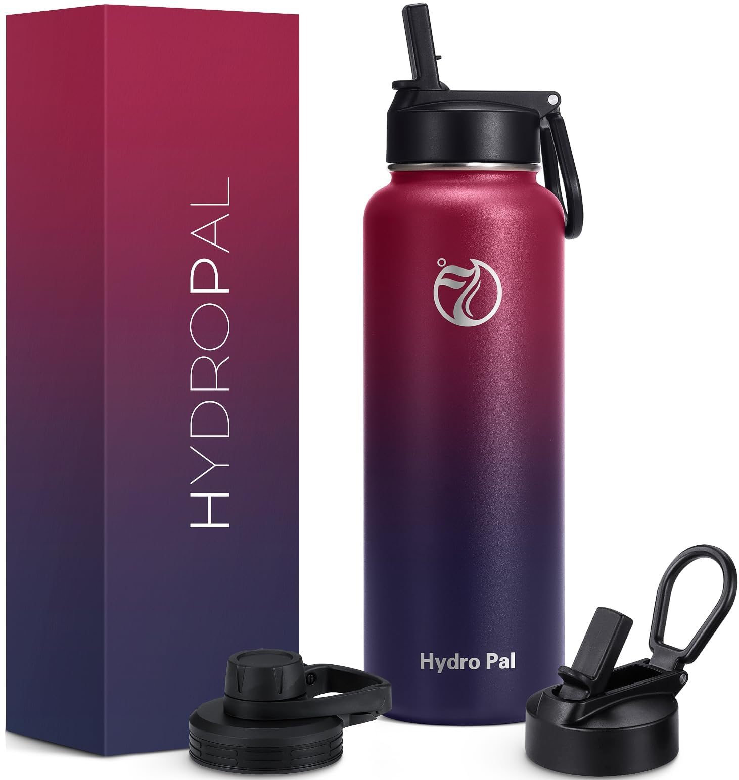 HydroPal Edelstahl Trinkflasche - 750ml/ 1L/1.2L/1.9L, BPA-Frei, Kohlensäure geeignet, Isolierte flasche mit Strohhalm & 2 Deckel