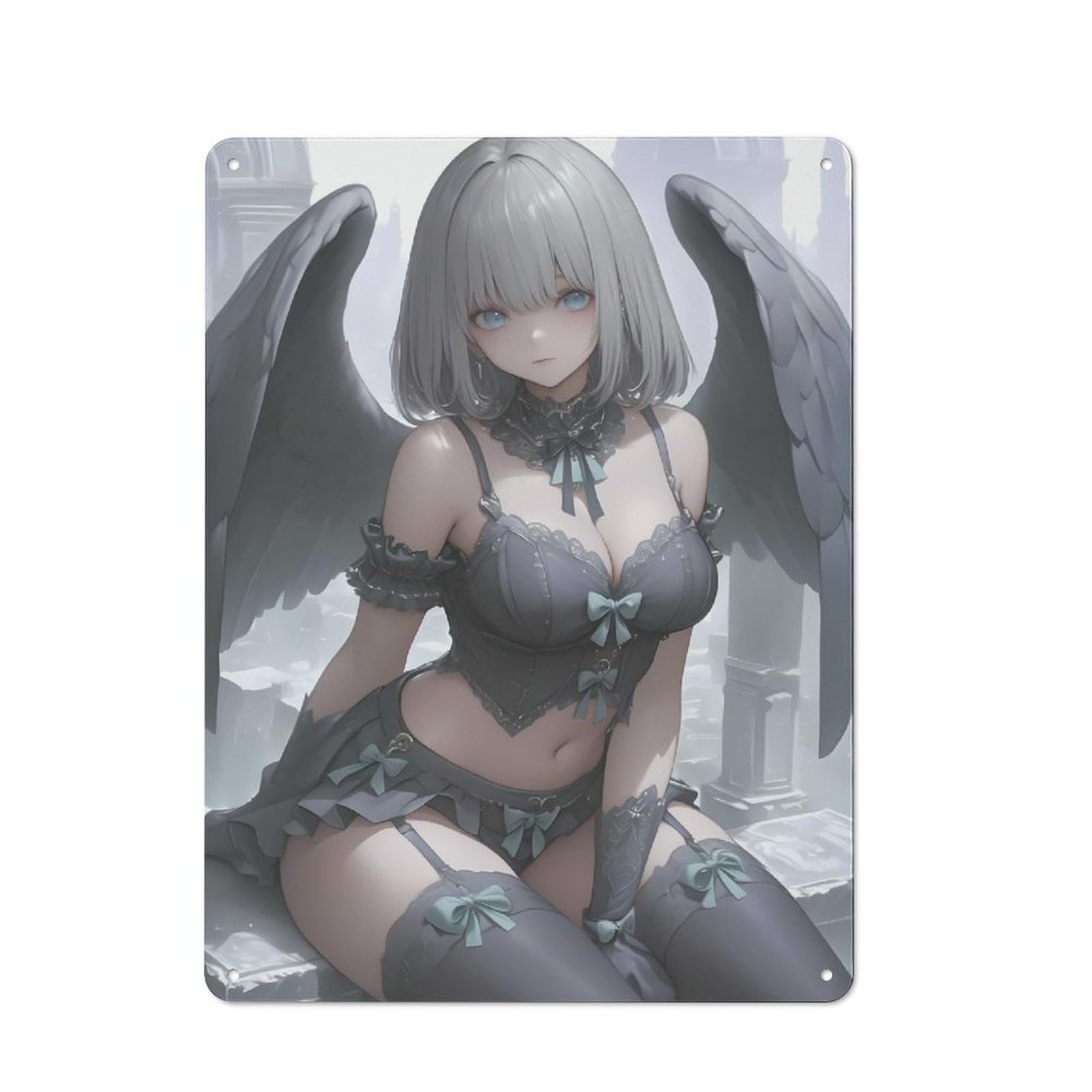 Angel with Black Wings Anime Girl Gaming Rustic Metal Sign 40x30cm for Workshop Wall, for Collectors of Rustic Metal Wall Decor