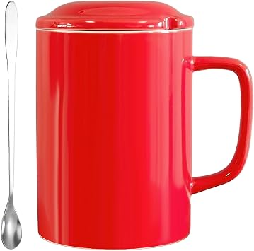 Oversized Ceramic Coffee Mugs 33 oz with Lid and Spoon Red | 1000ml Giant Tea Mug Microwave & Dishwasher Safe For Office Home Hot Cold Drinks
